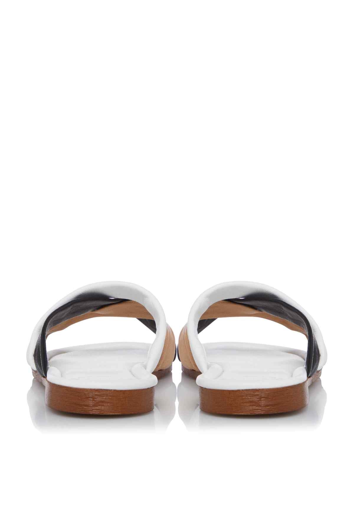 Slide sandals from the back view with white straps, dark accents, and brown footbed