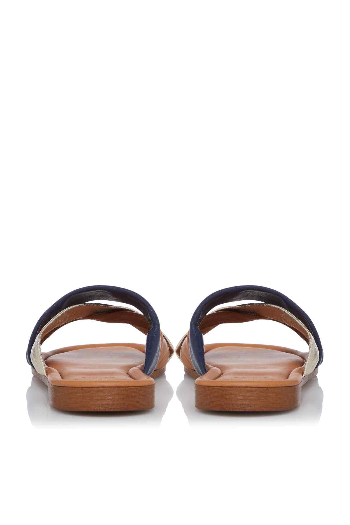 Dune London tan slide sandals with navy straps and cushioned footbed