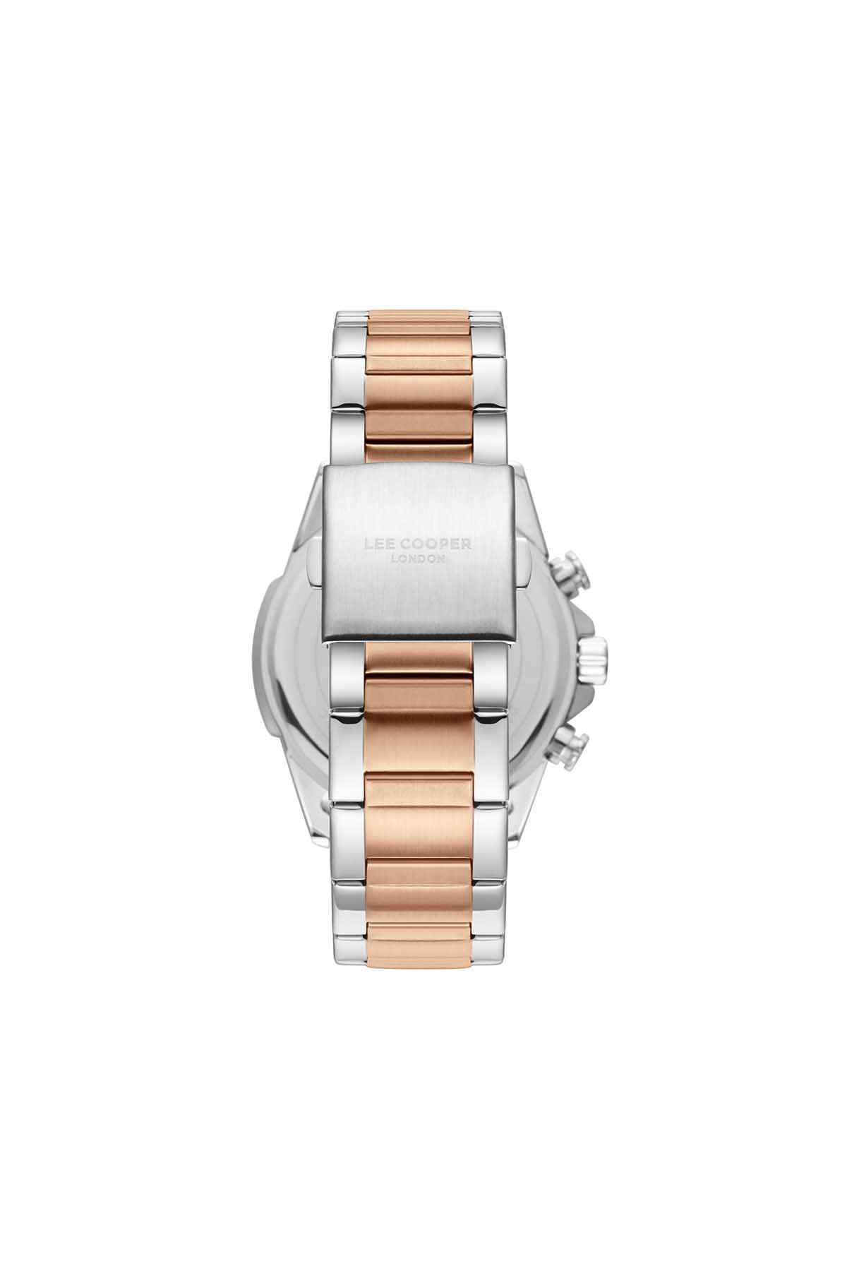Lee Cooper chronograph wristwatch with silver case, rose gold center links, and side buttons