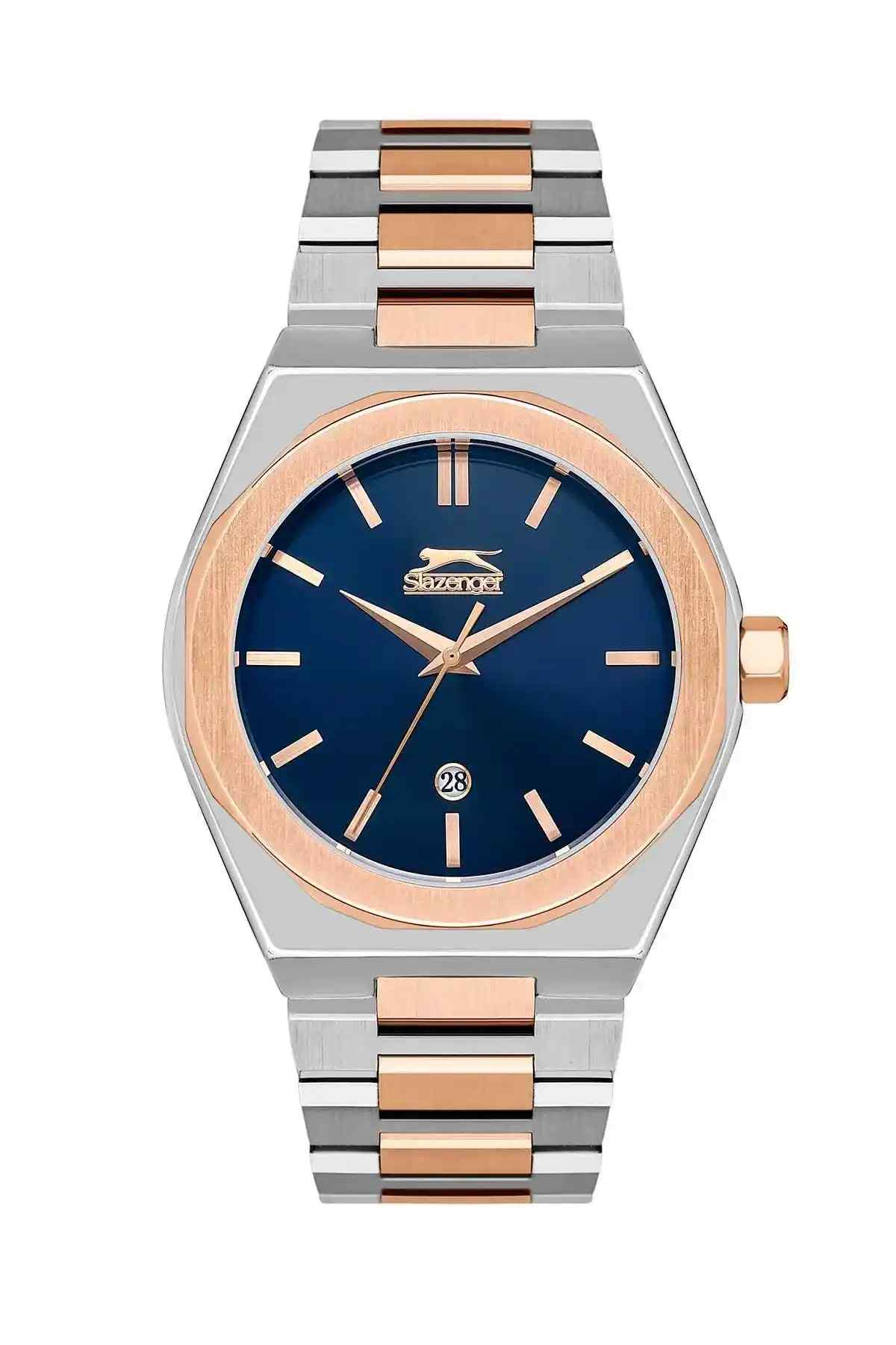 SLAZENGER silver and rose gold metal wristwatch with blue dial and date window