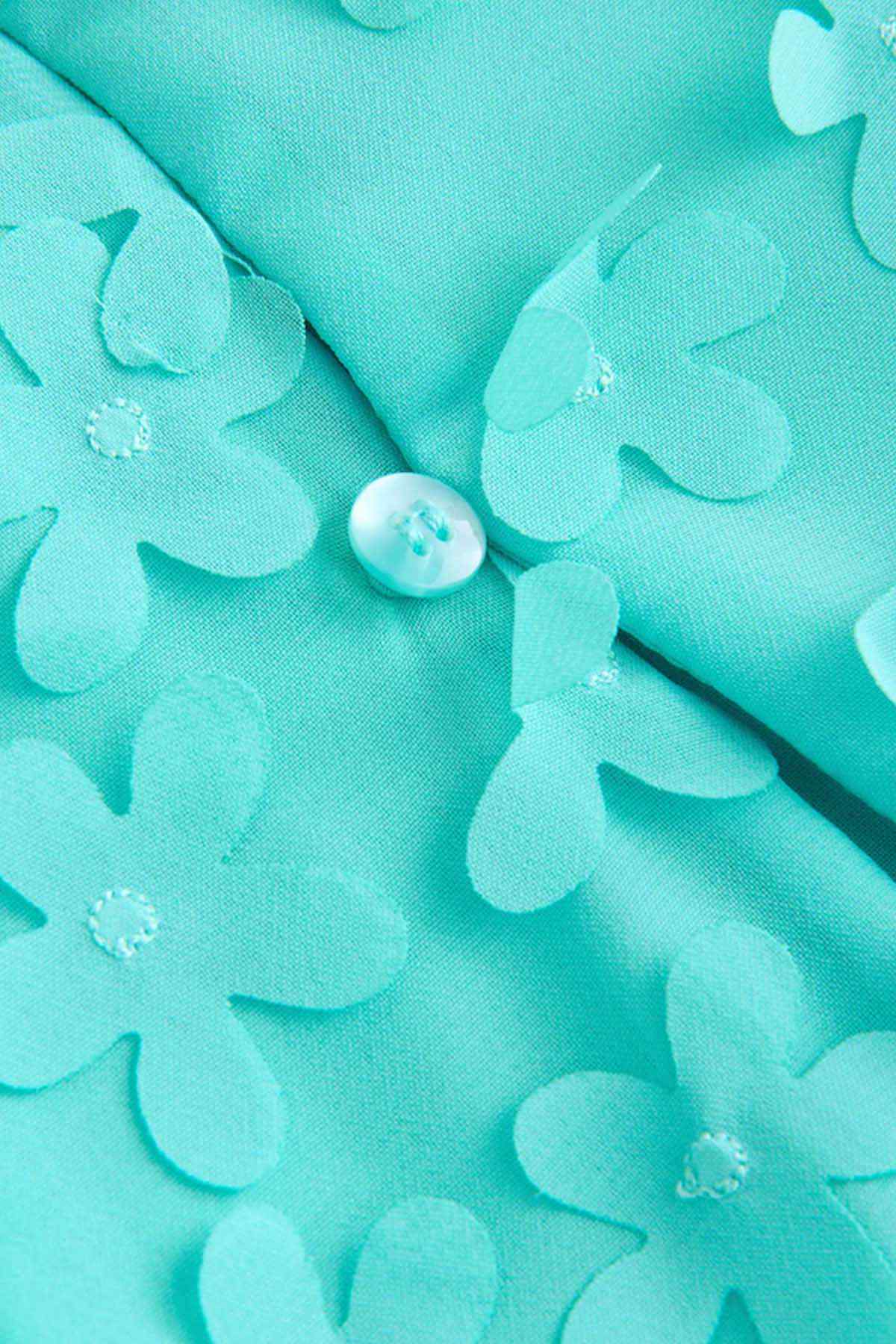 NEXT teal blue dress close-up with small button and raised 3D flower appliques