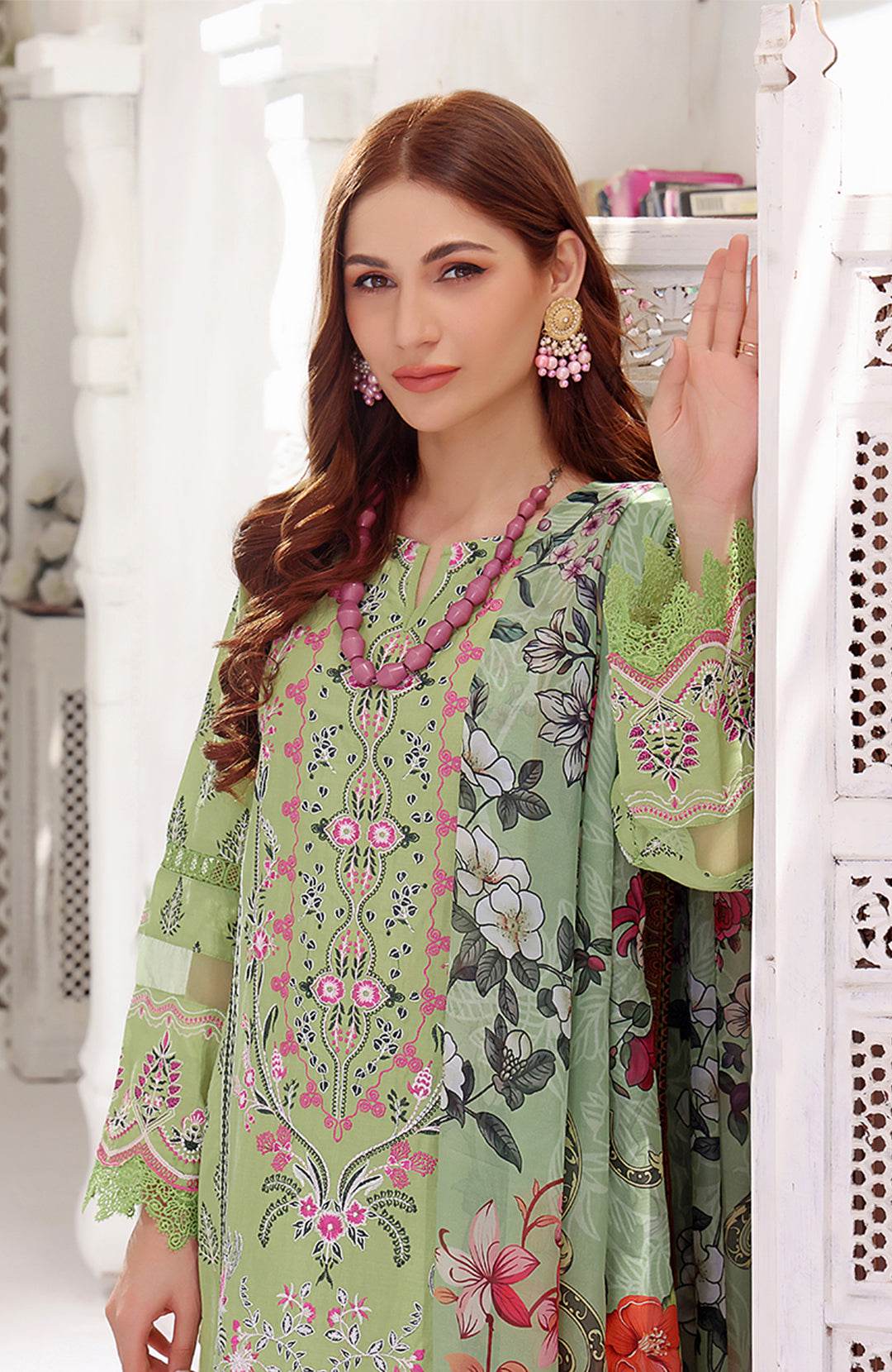 Parrot green floral embroidered kurta with high neck, long sleeves, and dupatta