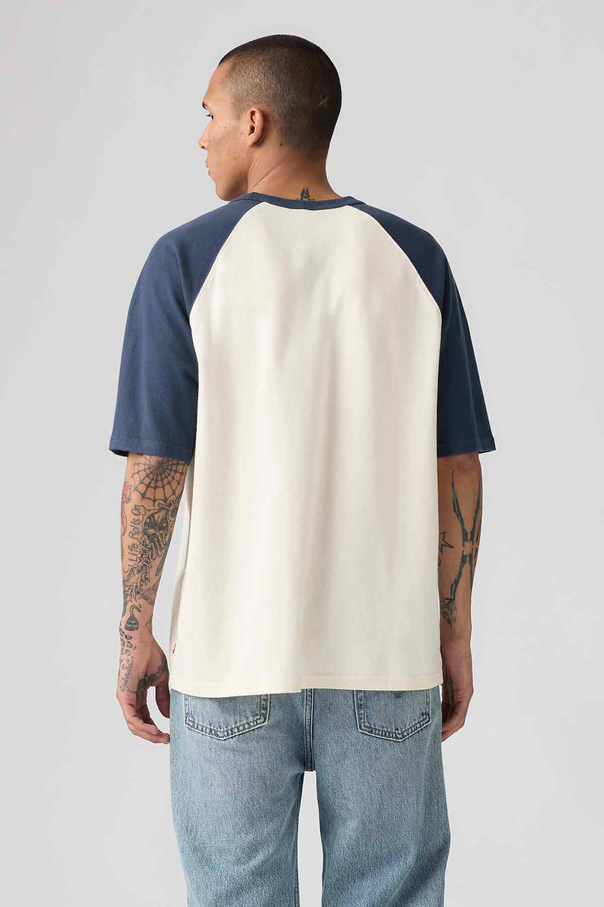 Raglan baseball T-shirt back view with navy raglan sleeves and white body, crew neck