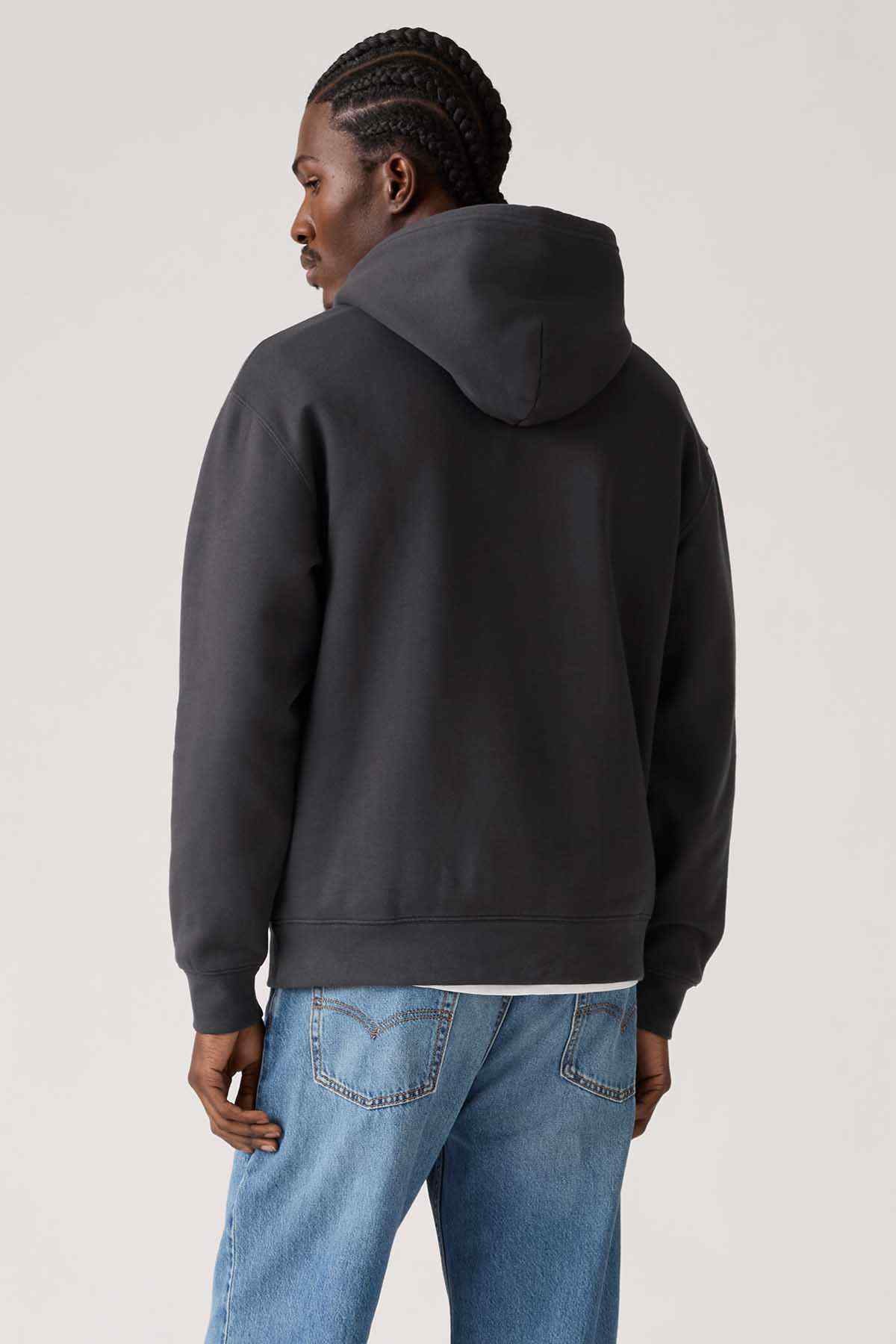 Charcoal pullover hoodie with hood and kangaroo pocket, back view