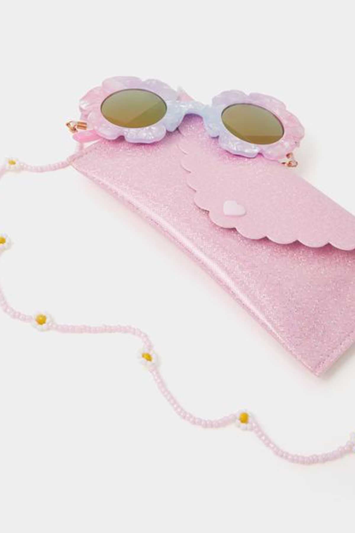 Pink heart sunglasses with beaded cord and glittery pouch