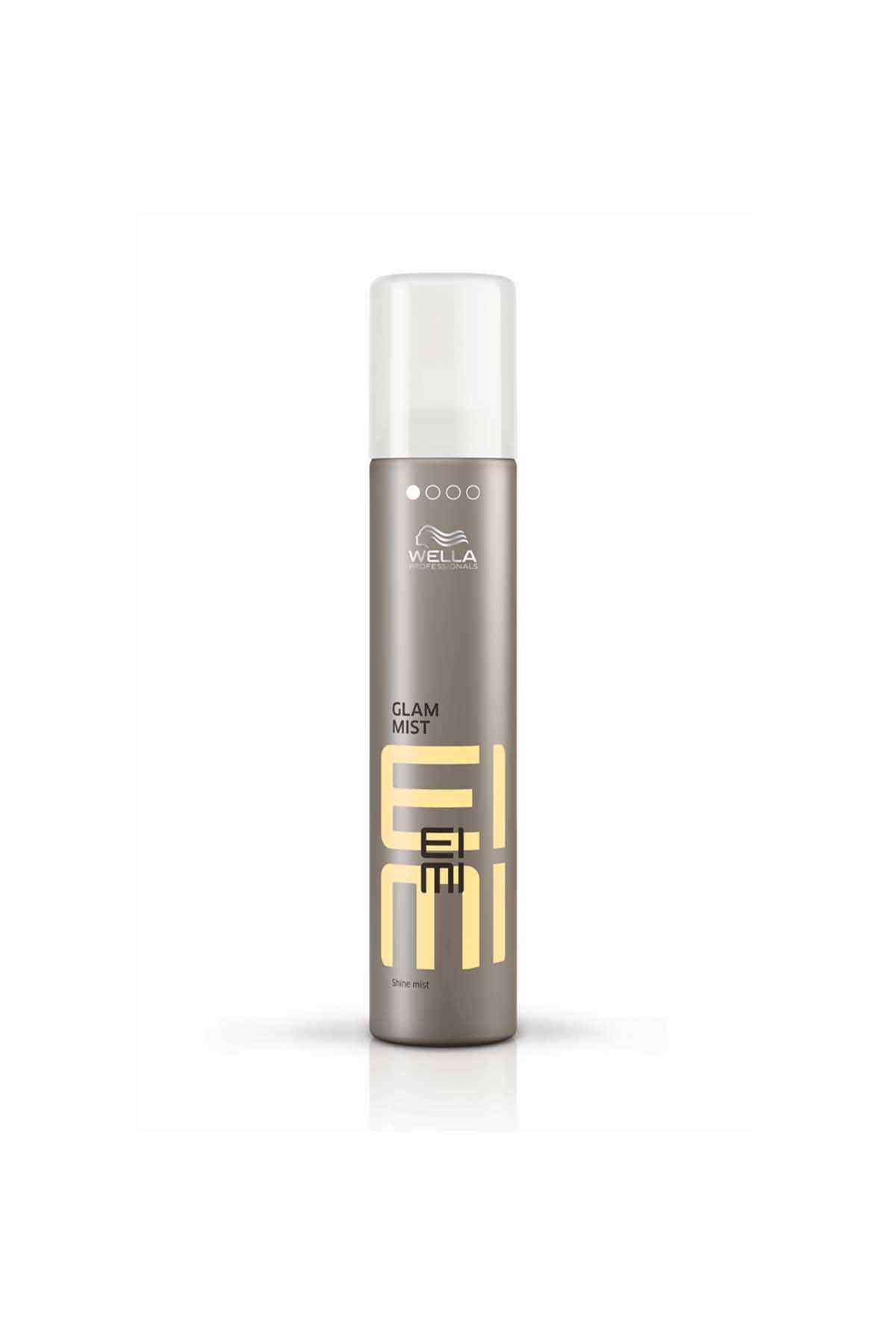 Wella Glam Mist hair spray bottle with metallic silver body and clear cap