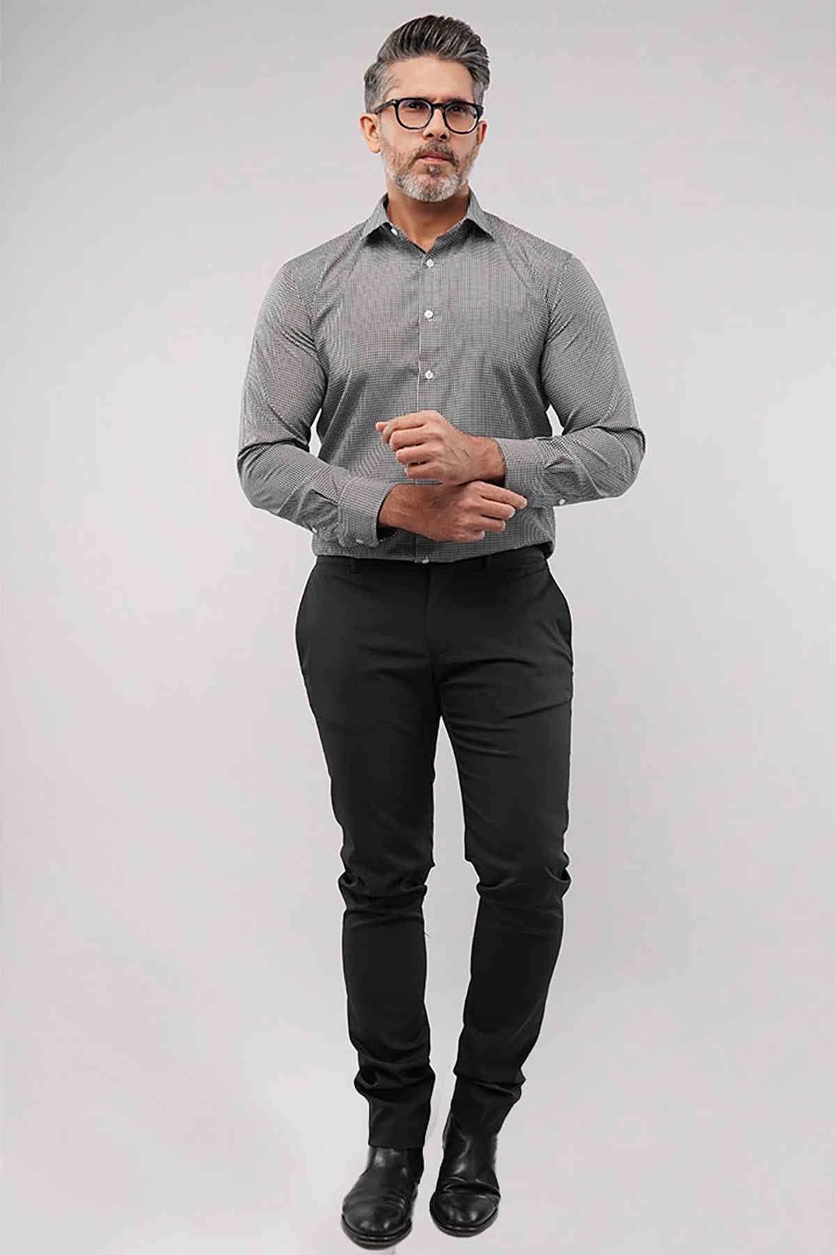 Men's grey micro button-up dress shirt with long sleeves and button front