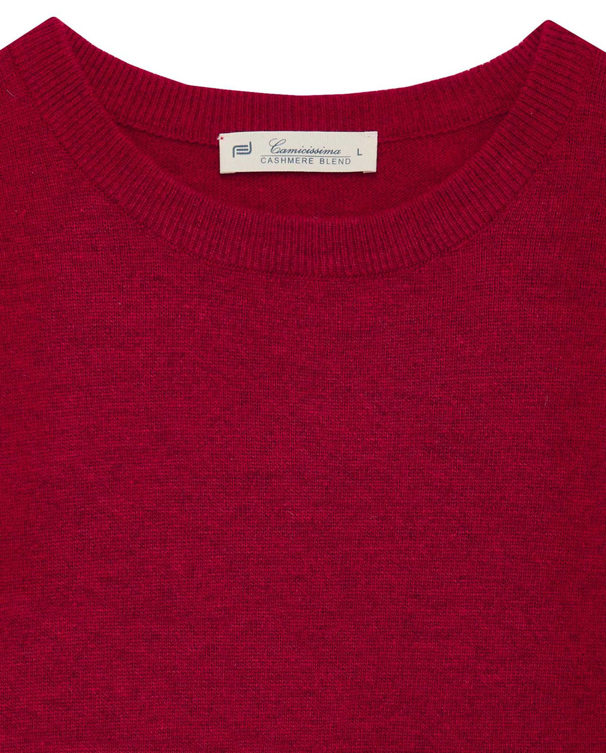 Red crew-neck knit sweater with ribbed neckline and fine textured knit