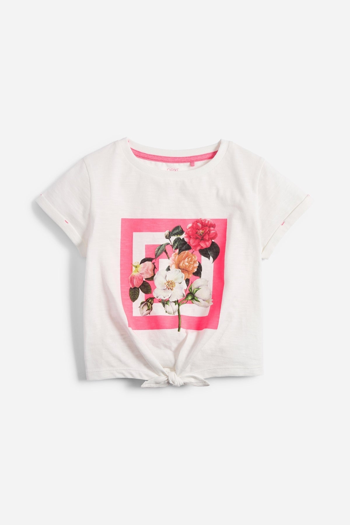 White graphic T-shirt with pink floral square print, knotted front