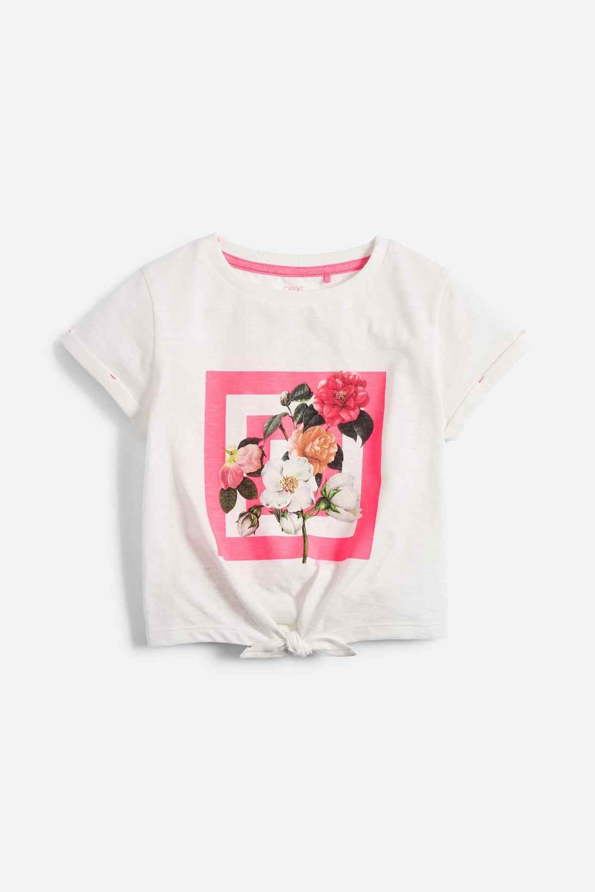 White graphic T-shirt with pink floral square print, knotted front