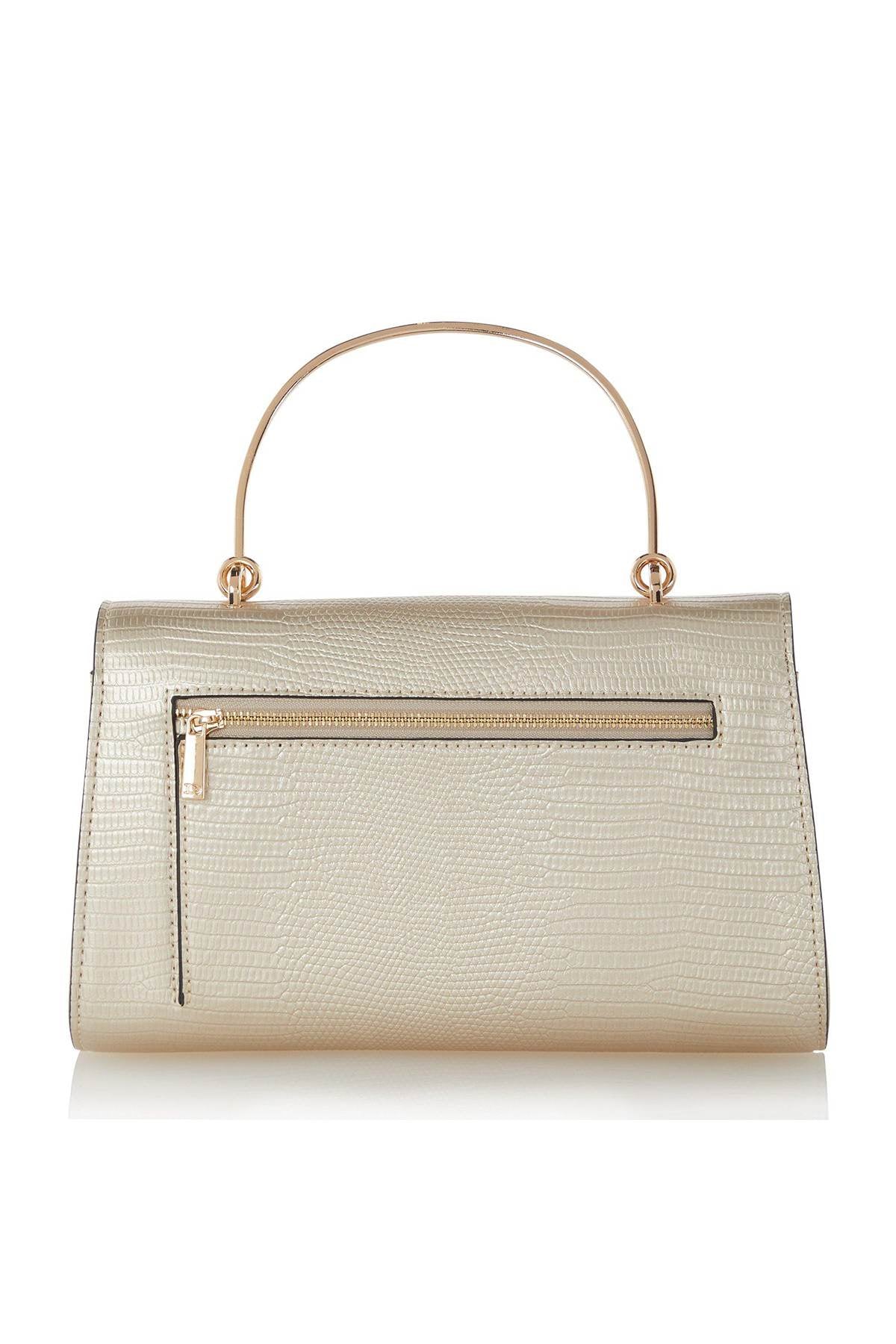 Cream textured handbag with gold zip pocket detail and top handle
