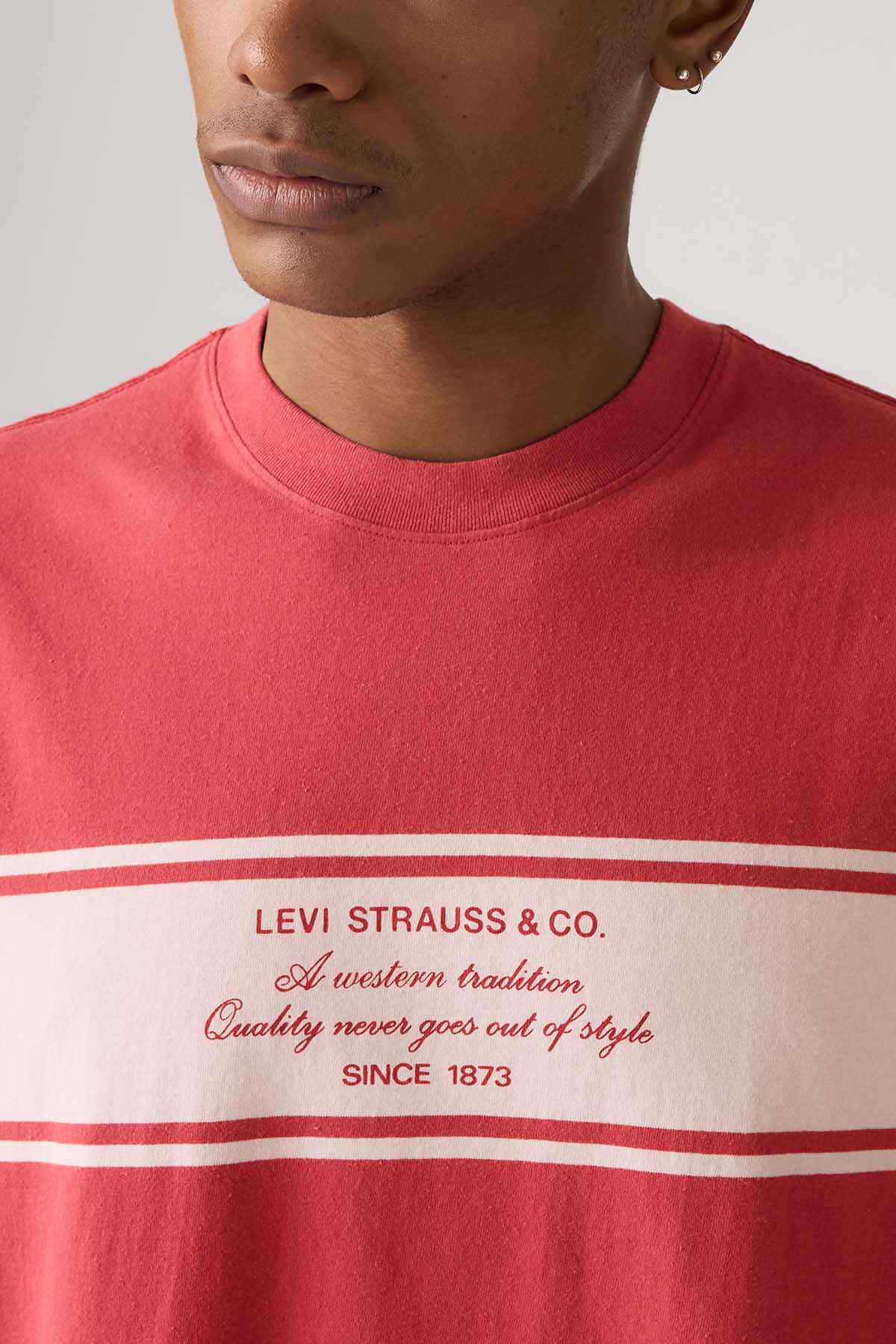 Levi's red T-shirt logo text and striped neckline