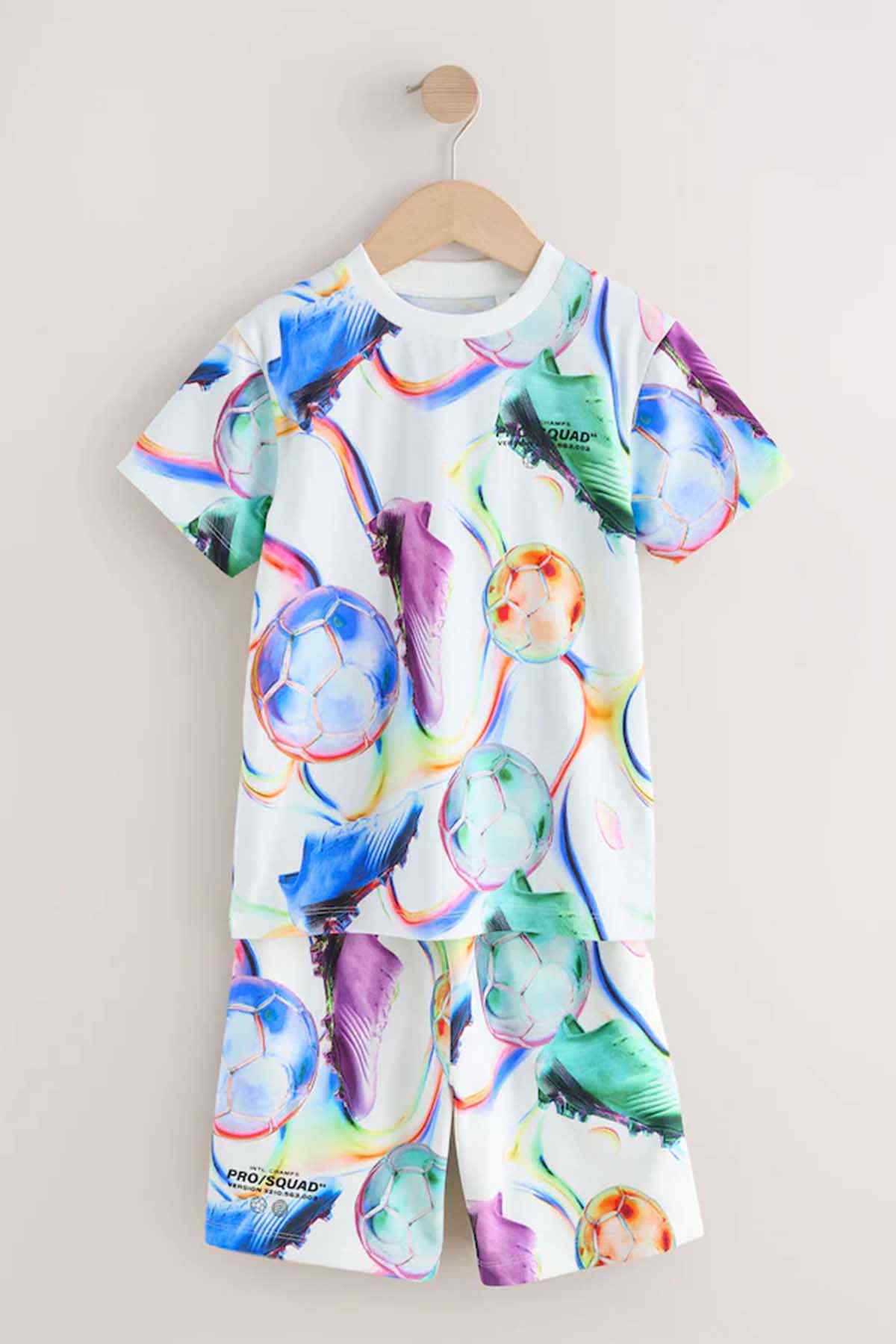 Kids soccer T-shirt and shorts set on hanger, multi-color ball print