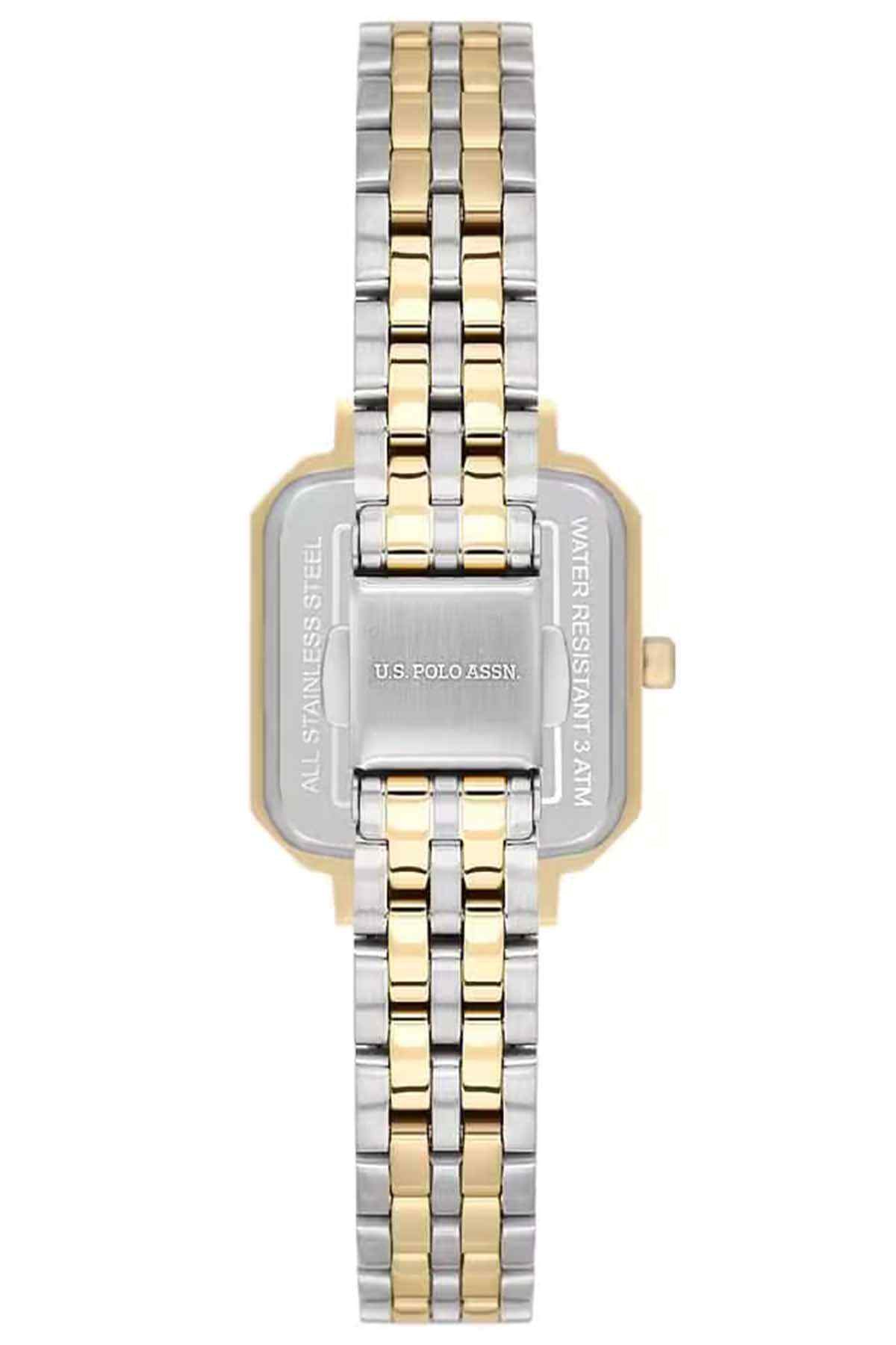 U.S. Polo Assn two-tone watch with engraved case back and link bracelet