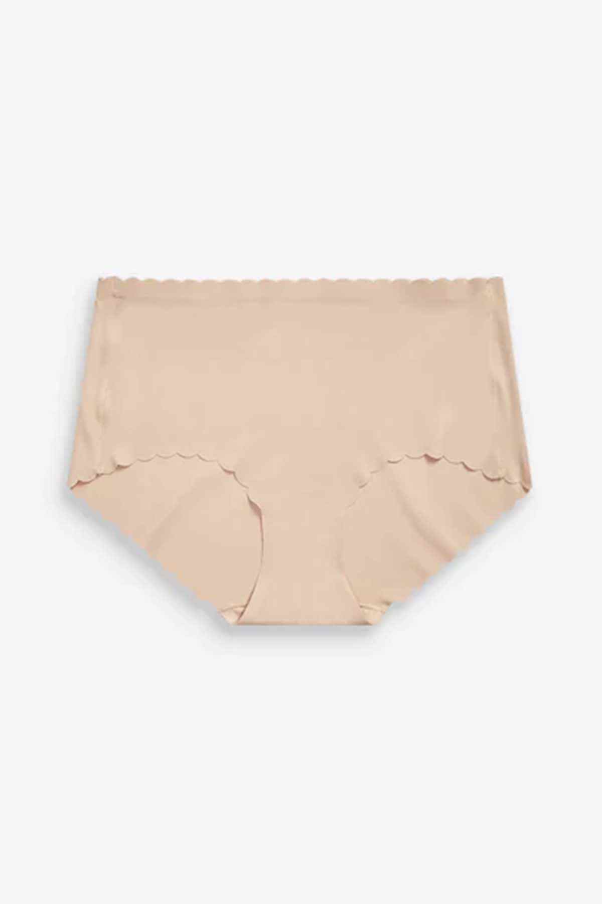 Nude scallop-edge bikini briefs, flat lay view of front and leg openings