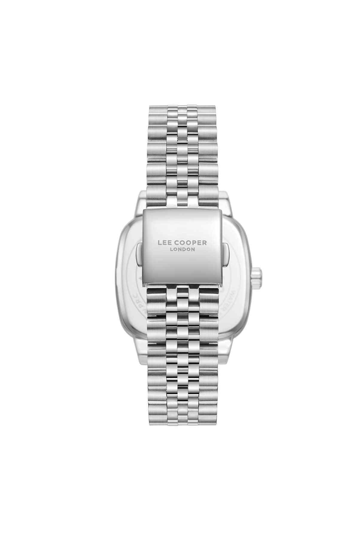 Lee Cooper silver metal bracelet wristwatch, rear view of case and clasp