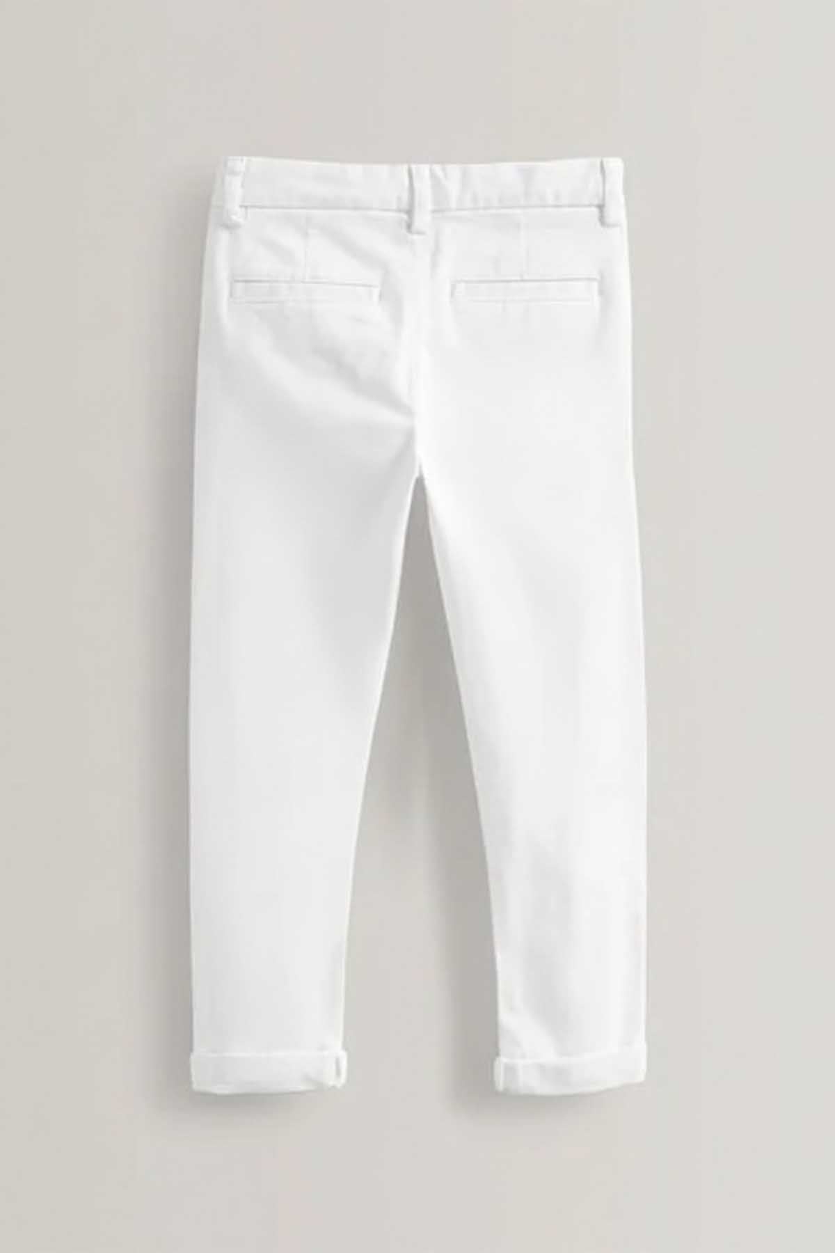 White kids pants, angled view, patch pockets and stitched seams