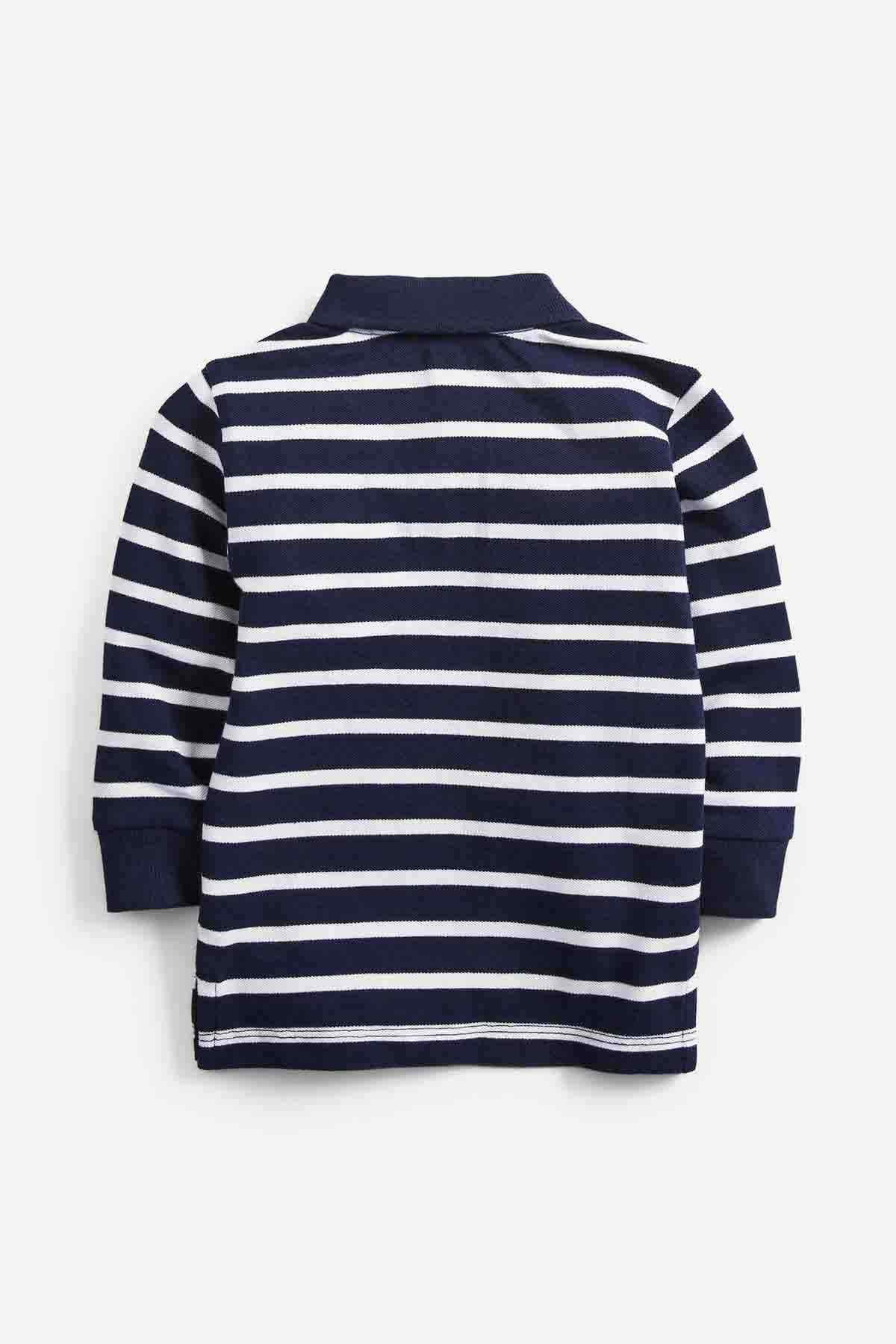 Navy and white striped polo shirt back view with ribbed collar and hem