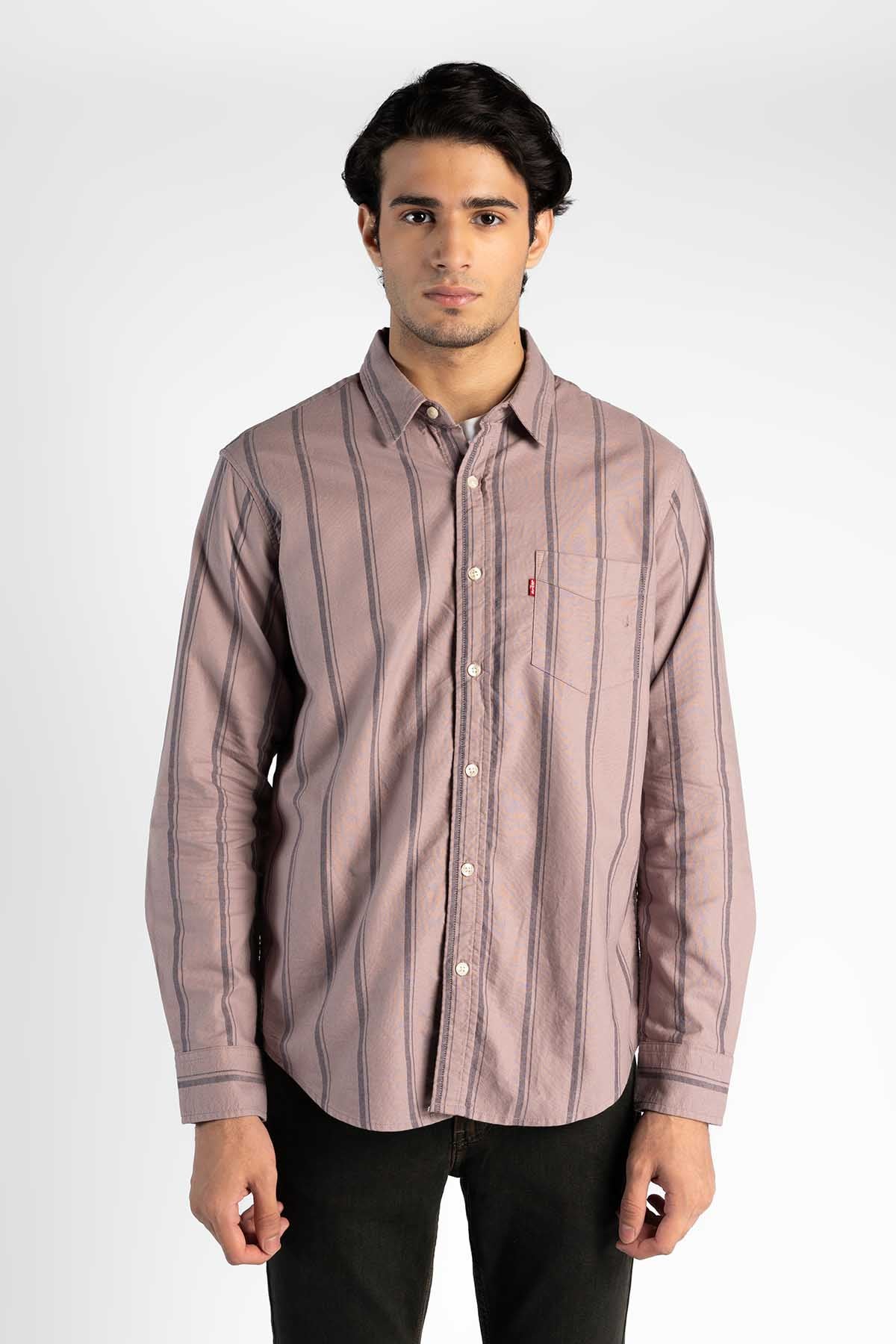 Men's Levi's lilac striped button-up shirt with front buttons and pocket
