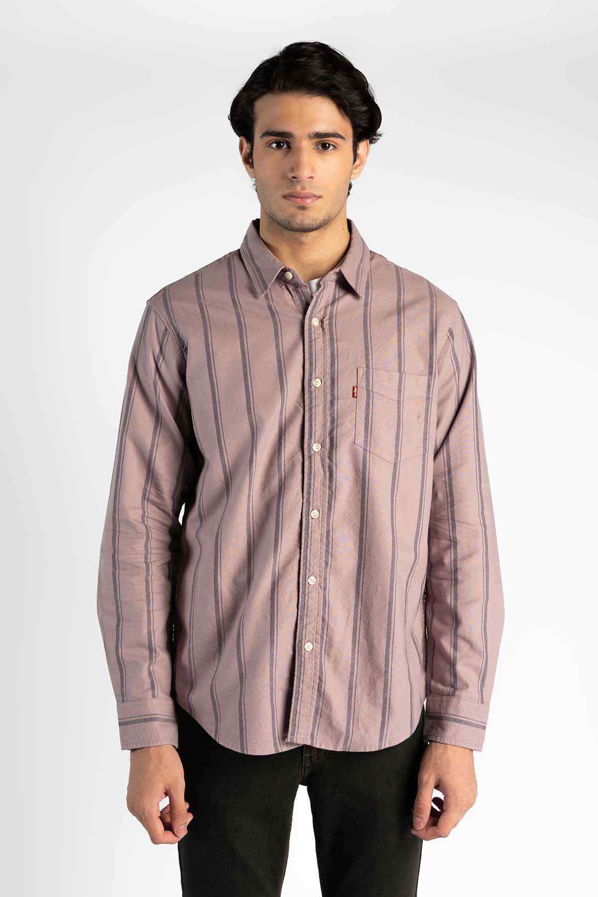 Men's Levi's lilac striped button-up shirt with front buttons and pocket