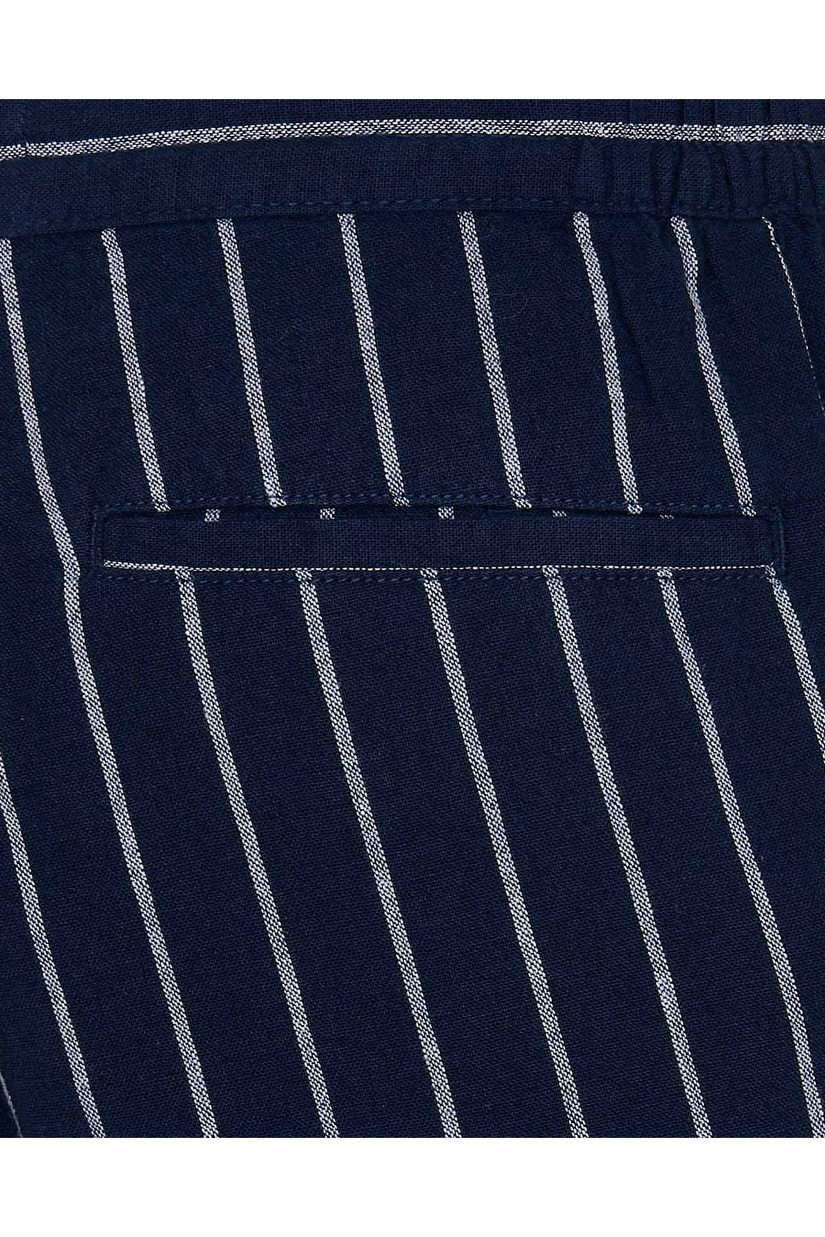Navy pinstripe trousers close-up of waistband and back pocket detail