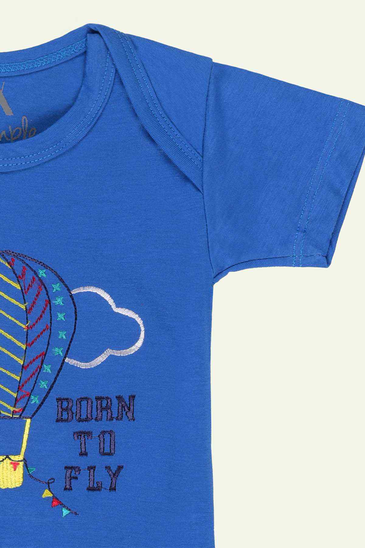 Blue baby bodysuit with balloon graphic and BORN TO FLY text, short sleeves