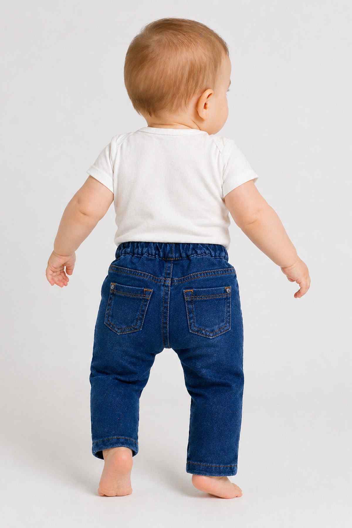 Blue denim baby pants shown from the back with elastic waistband