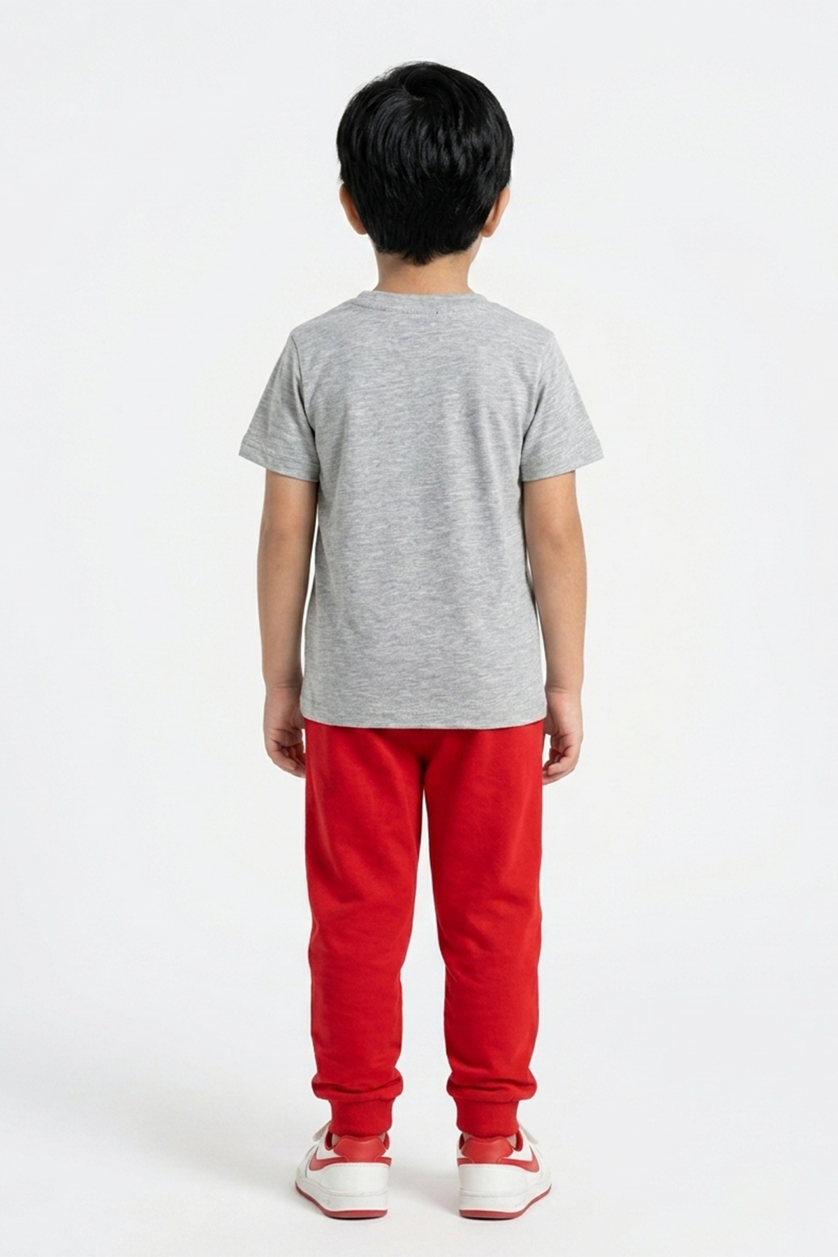 BABYSHOP toddler Spider-Man gray T-shirt and red joggers set, back view