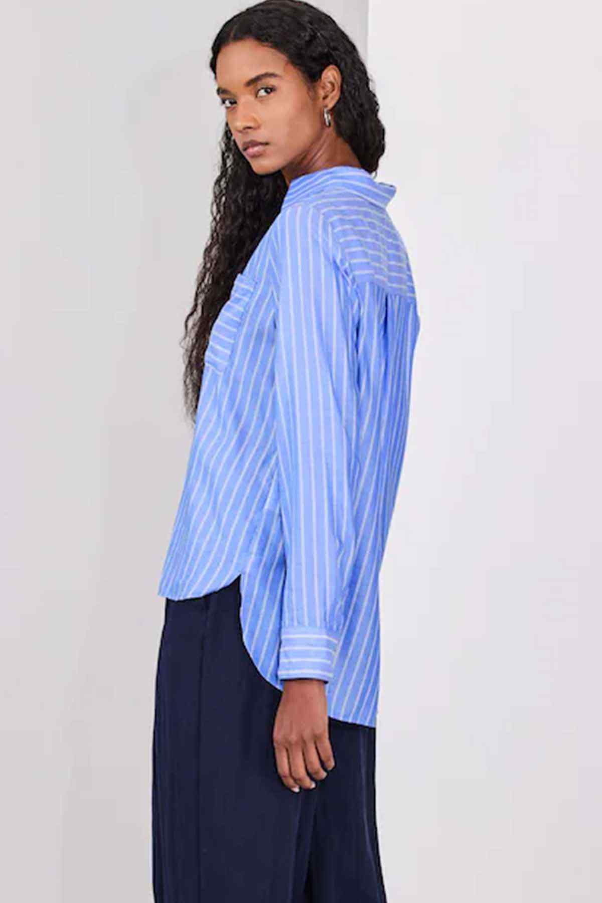 Light blue striped button-up shirt shown from the side, long sleeves and buttons