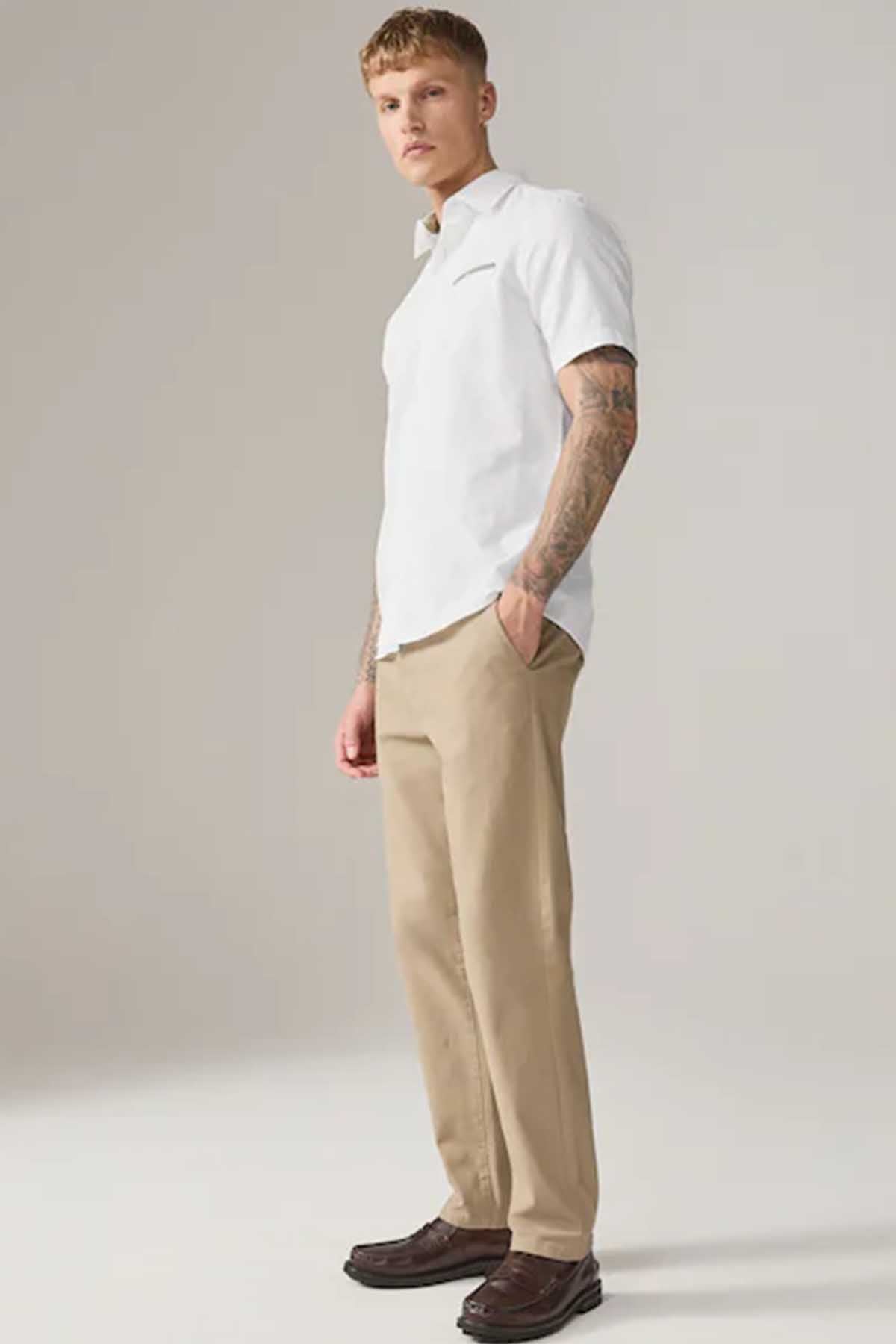 White short-sleeve button-up shirt, side view