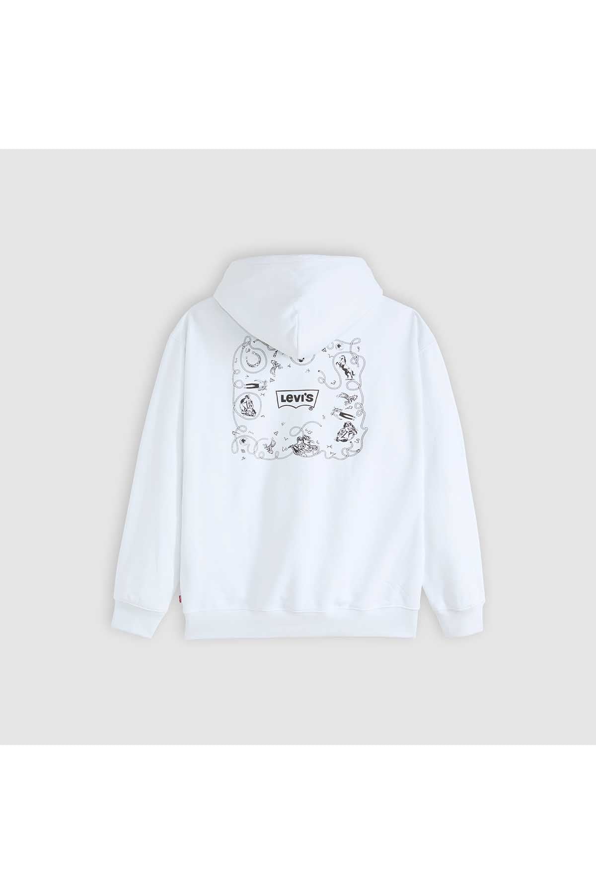 White hoodie with hood and illustrated chest graphic