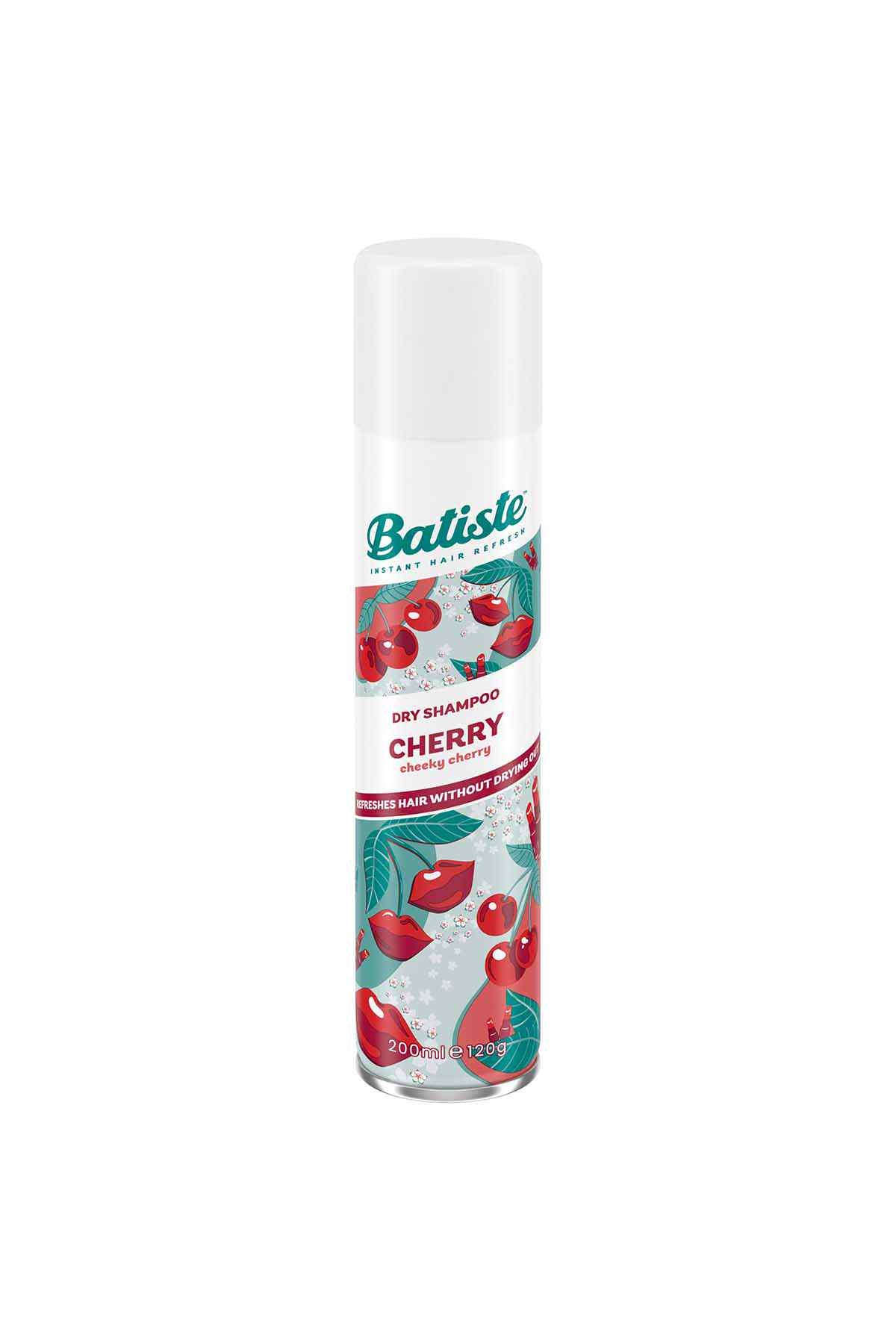 Dry shampoo spray bottle, cherry scent, white cap, aerosol canister