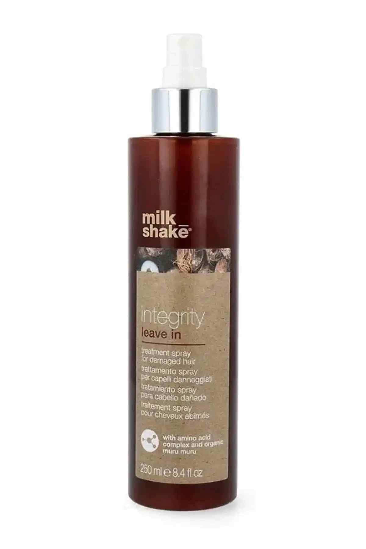 milk_shake integrity leave-in treatment spray bottle, amber with silver pump cap