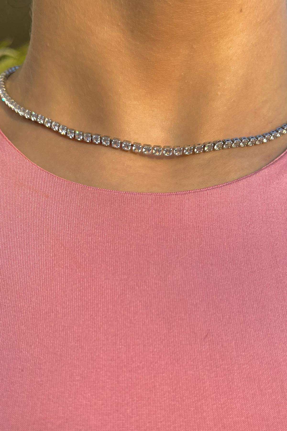 Silver rhinestone chain choker necklace