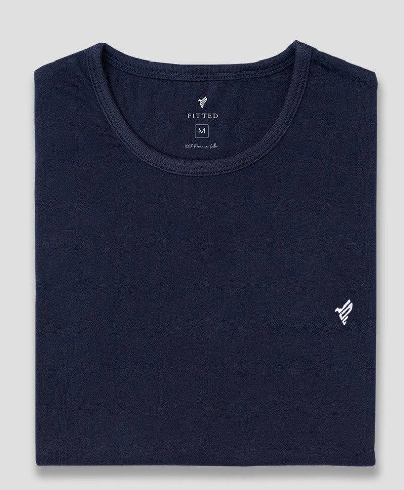 Navy fitted crew-neck T-shirt, front view with small logo and neck label