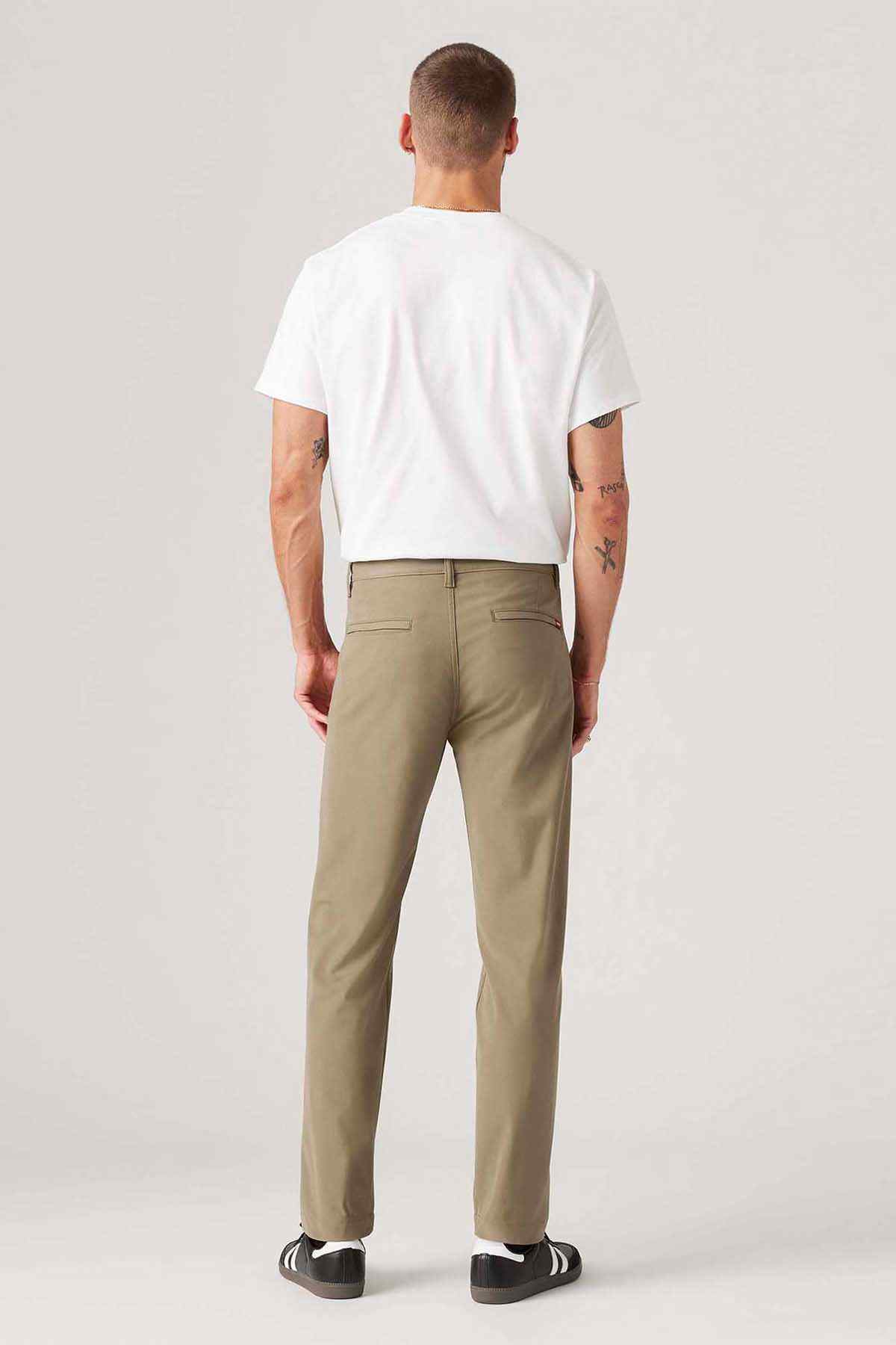 Levi's olive straight-leg pants, back view, belt loops and back pockets