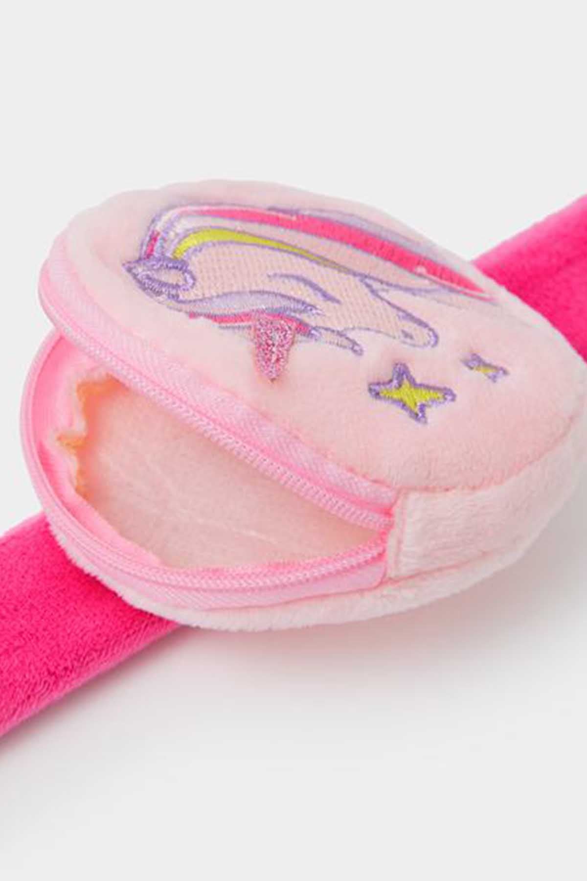 Light pink plush unicorn pouch with zipper and colorful embroidered rainbow