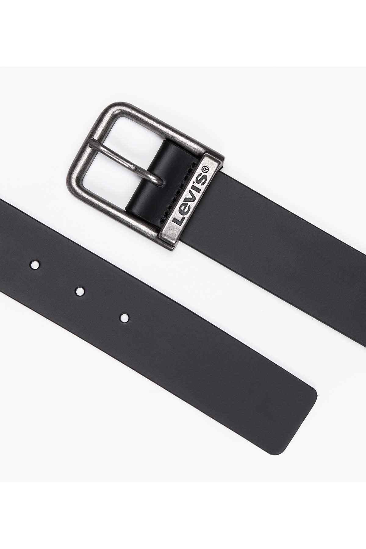 Black belt with punched holes, square silver buckle, and Levi's embossed strap