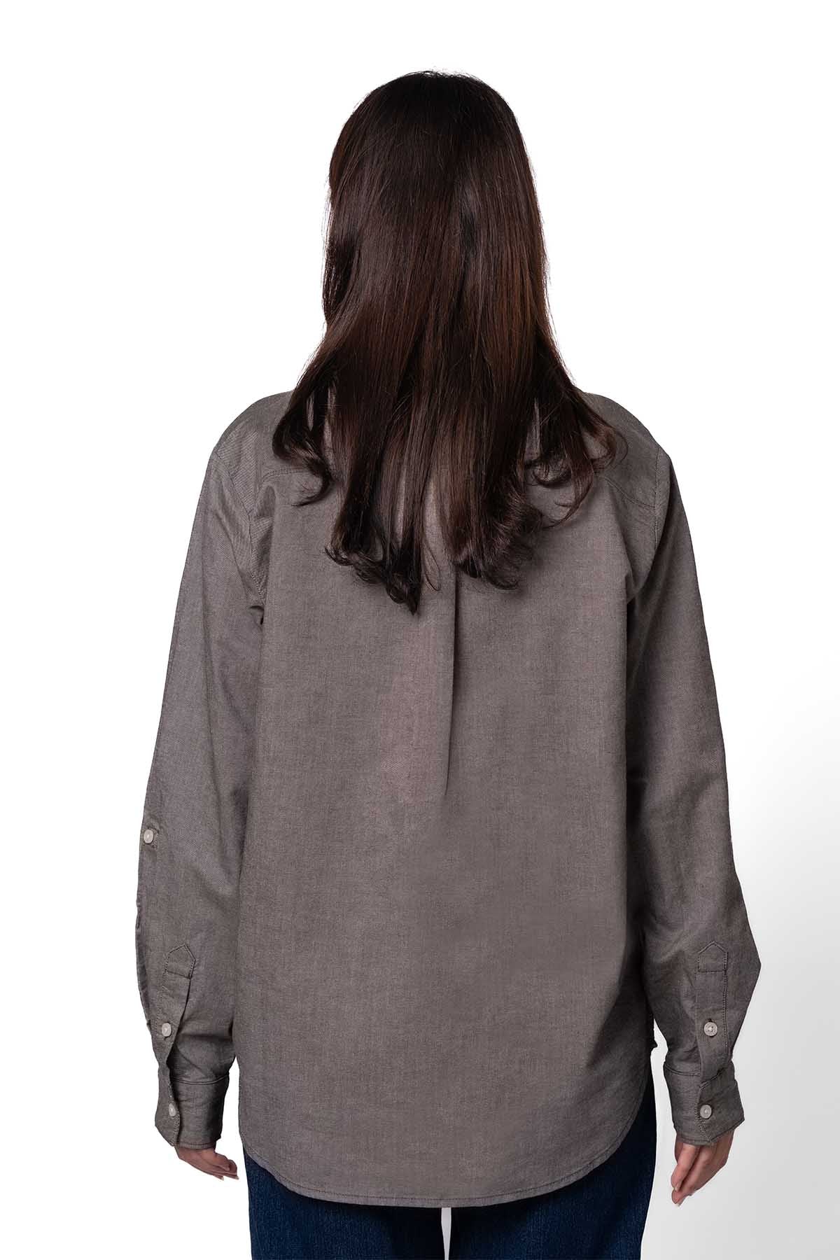 Dark grey button-up shirt, back view