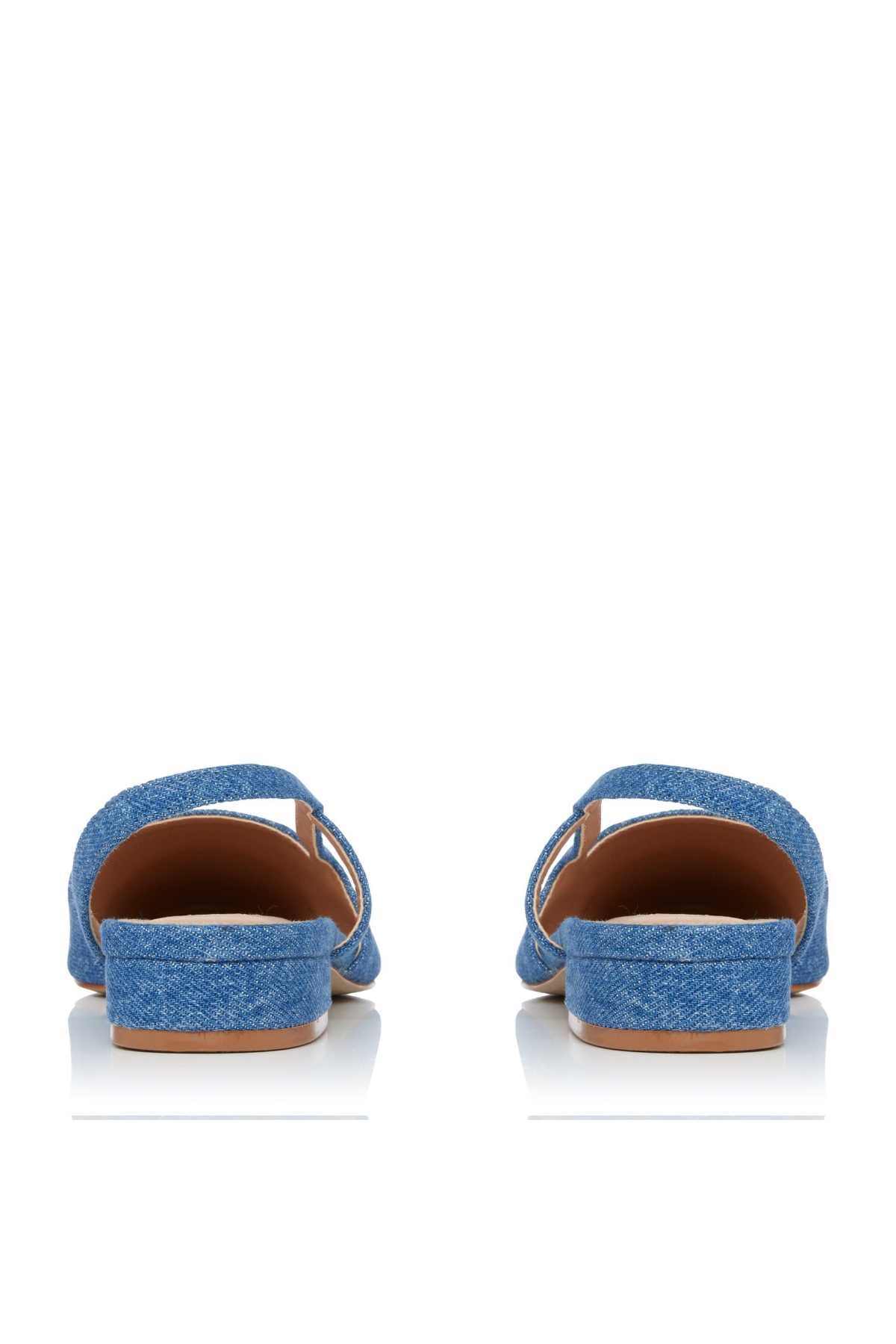 Blue textured flats back view with slingback strap and low block heel