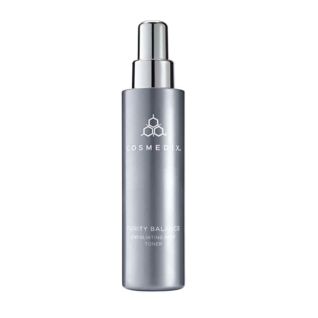 Cosmedix exfoliating toner bottle with silver pump sprayer top