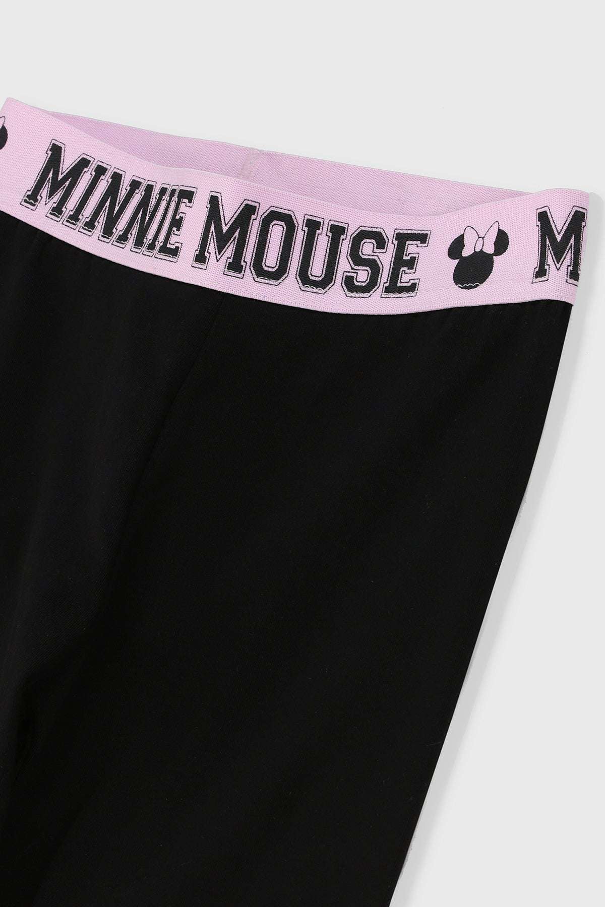 Disney Minnie Mouse waistband, pink with Minnie Mouse text and paw prints.