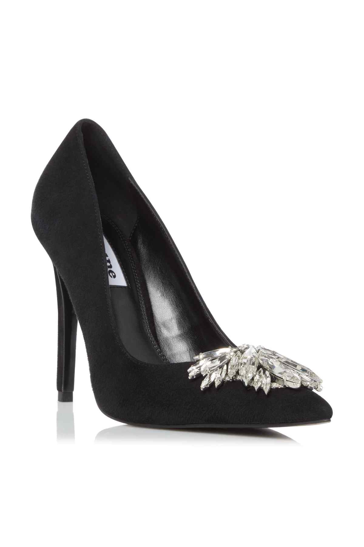 Dune London black high-heel pump with pointed toe and silver jewel embellishment