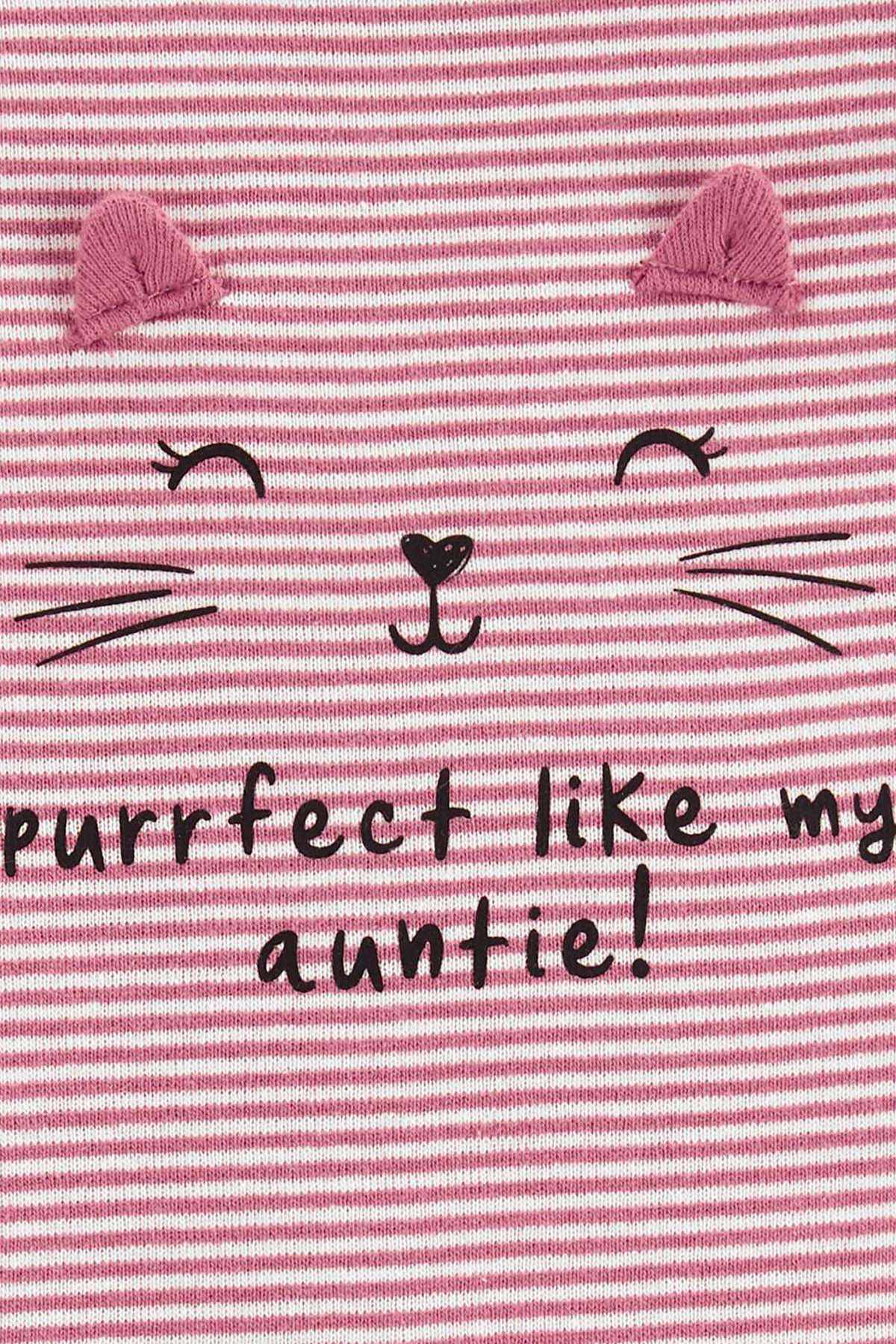 Pink striped bodysuit detail with bow-eared cat face and text print