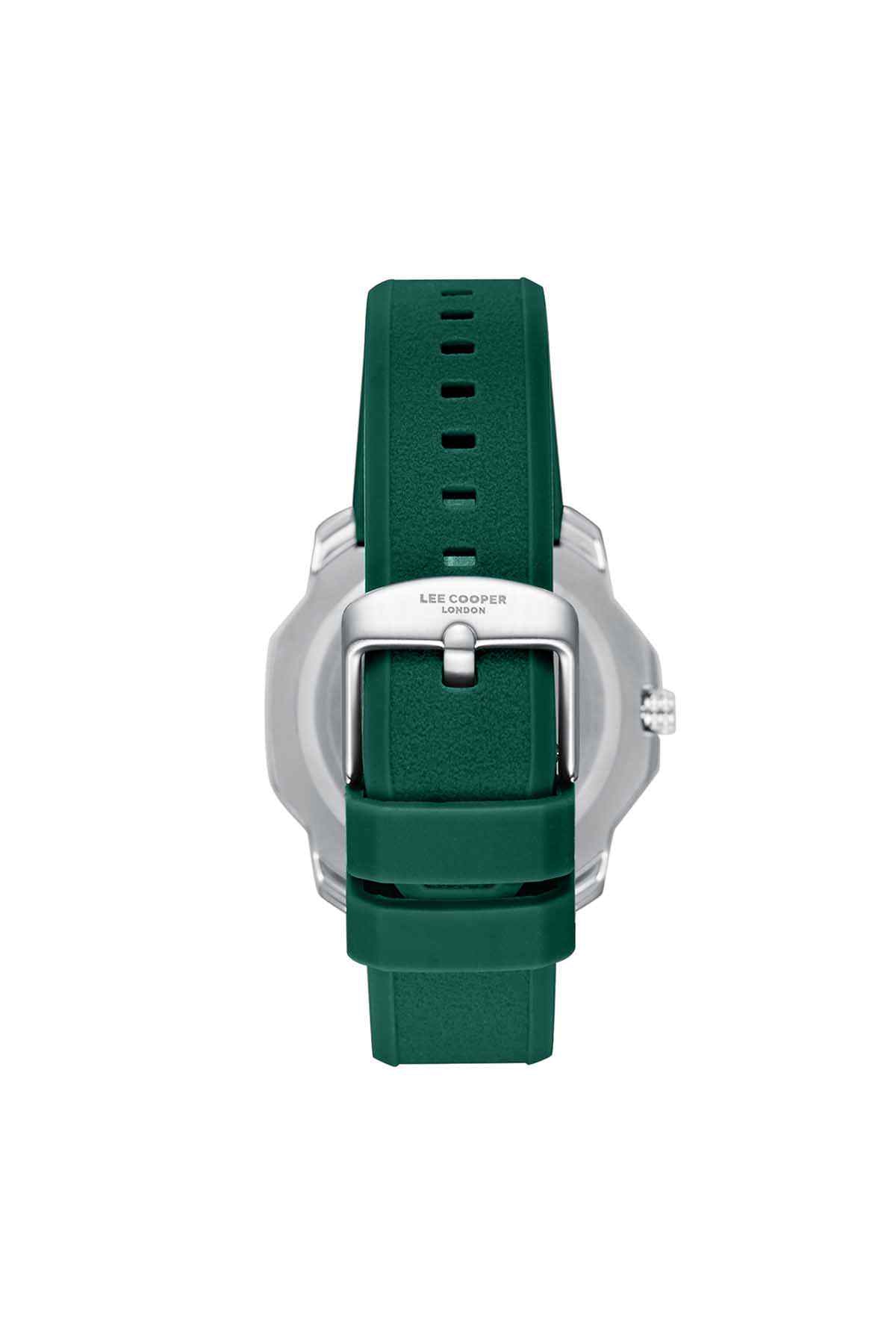 Dark green strap wristwatch with silver-tone case, back view with strap holes