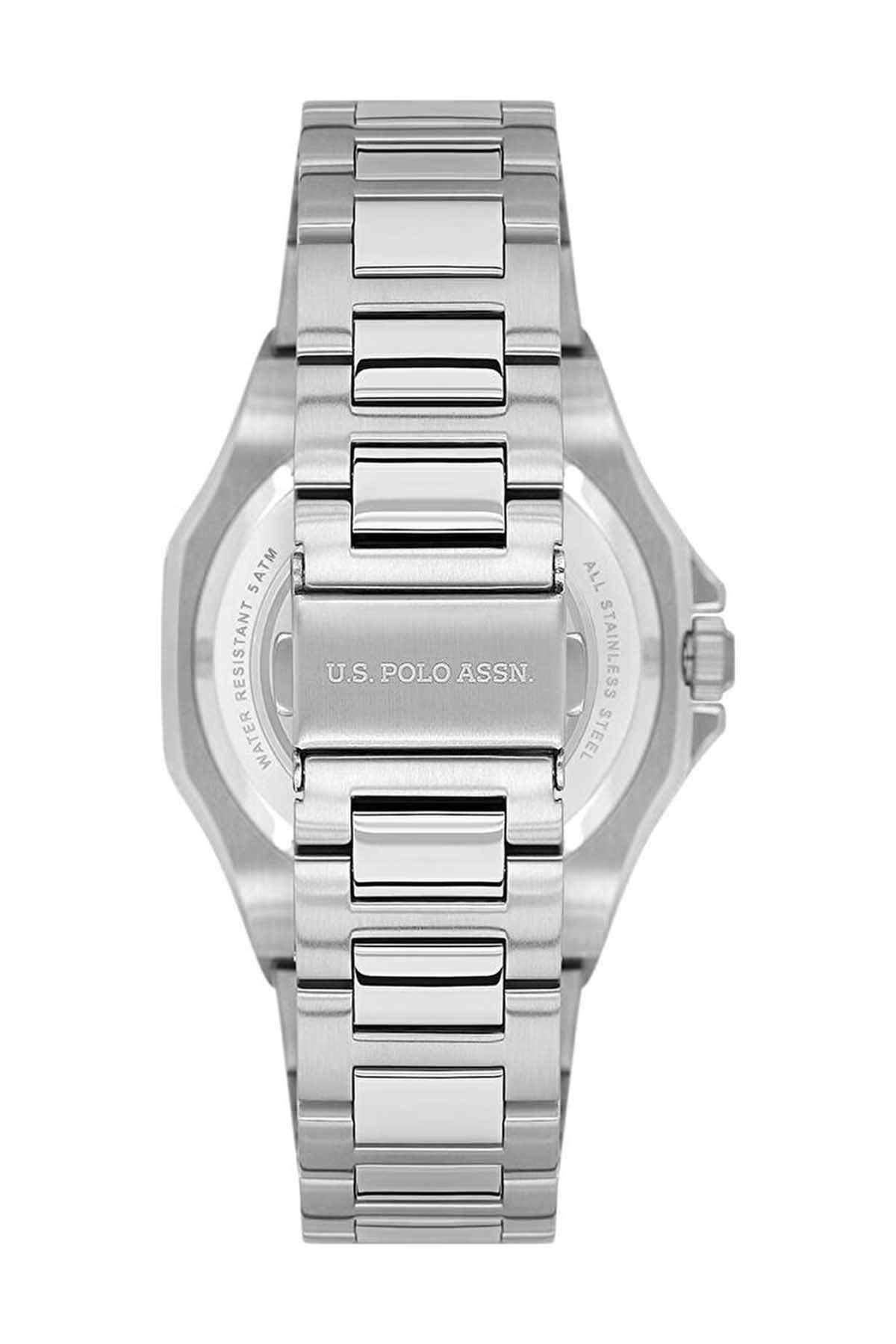 U.S. Polo Assn wristwatch with navy blue dial and metal bracelet, date at 3 o'clock