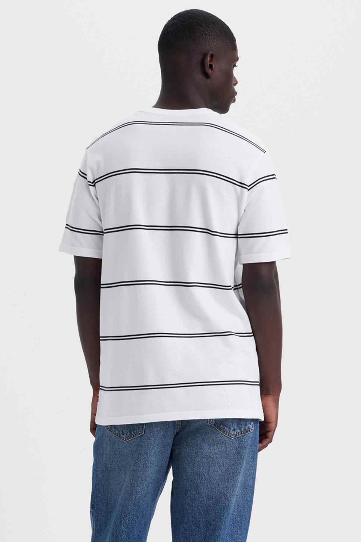 Back view striped T-shirt, white with black horizontal lines and crew neckline