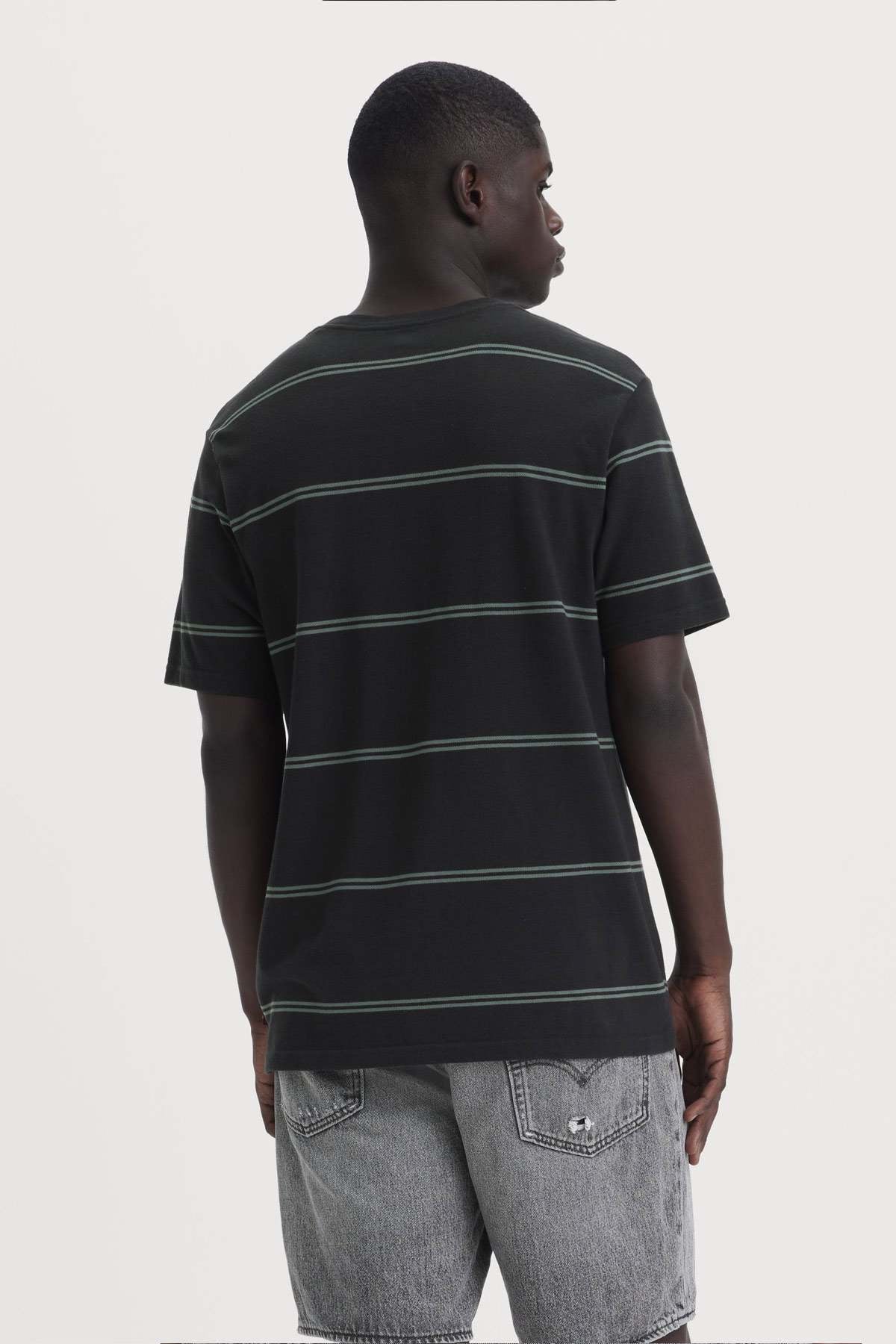Black crewneck T-shirt with green striped bands on the back, short sleeves