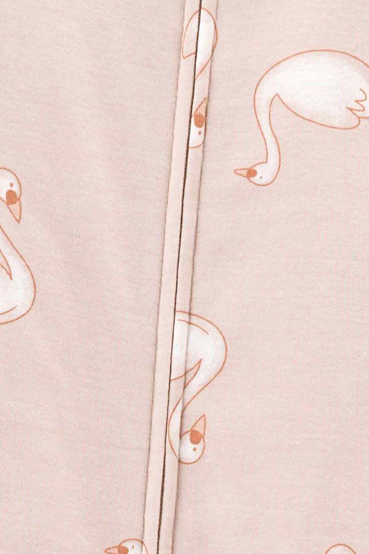Carter's flamingo print baby sleeper fabric closeup with front zipper seam