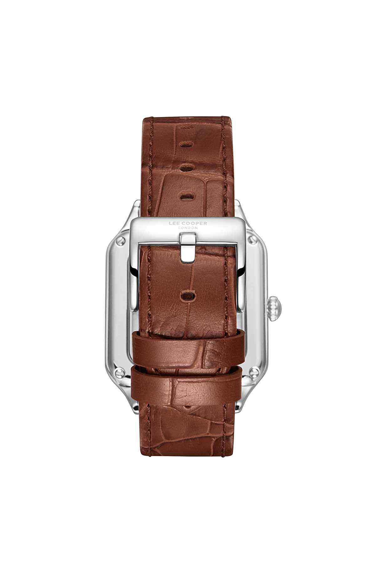 Wristwatch back view with dark brown leather strap, silver-toned case and buckle